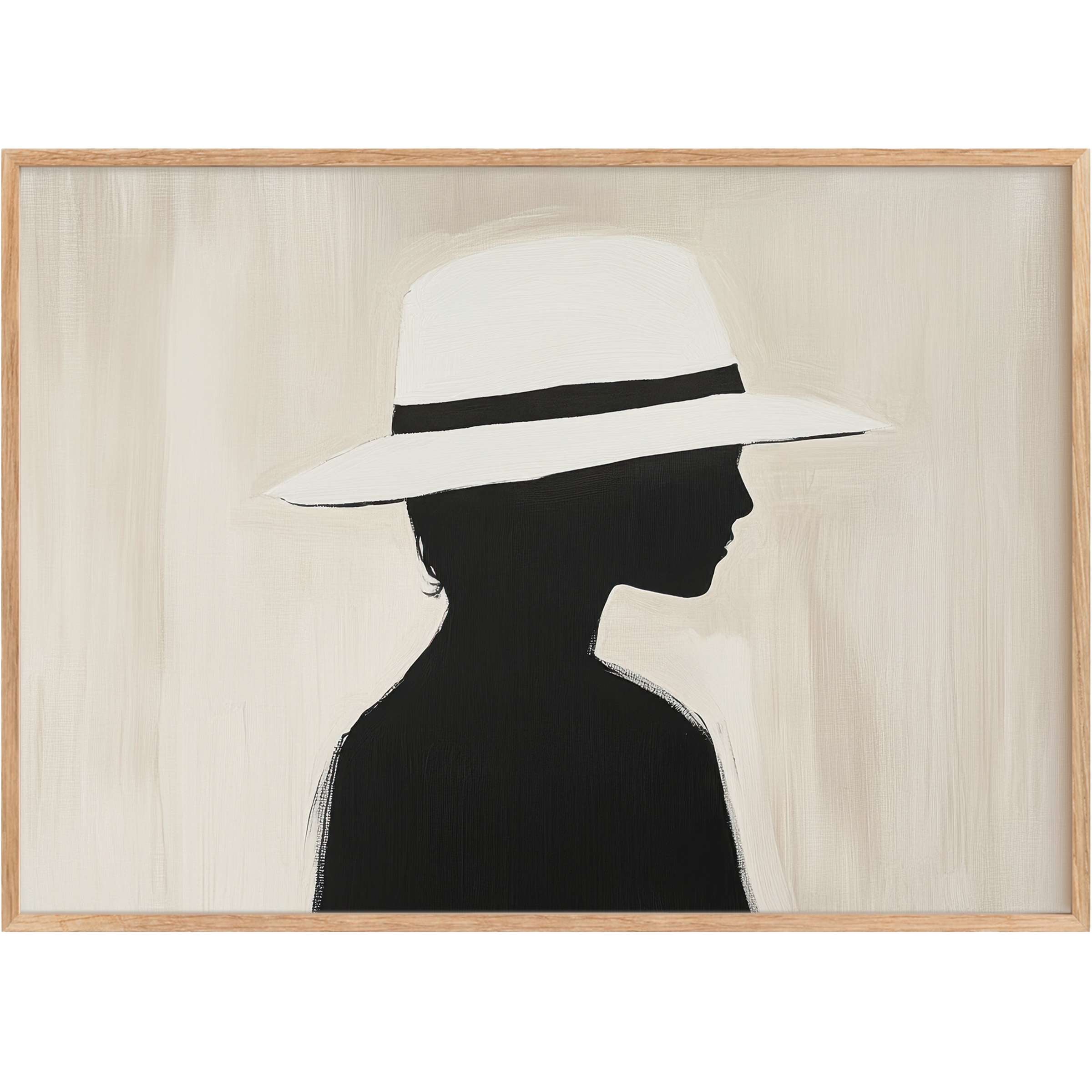 Elegant minimalist printable wall art featuring a serene black silhouette with a chic white hat, evoking calm sophistication