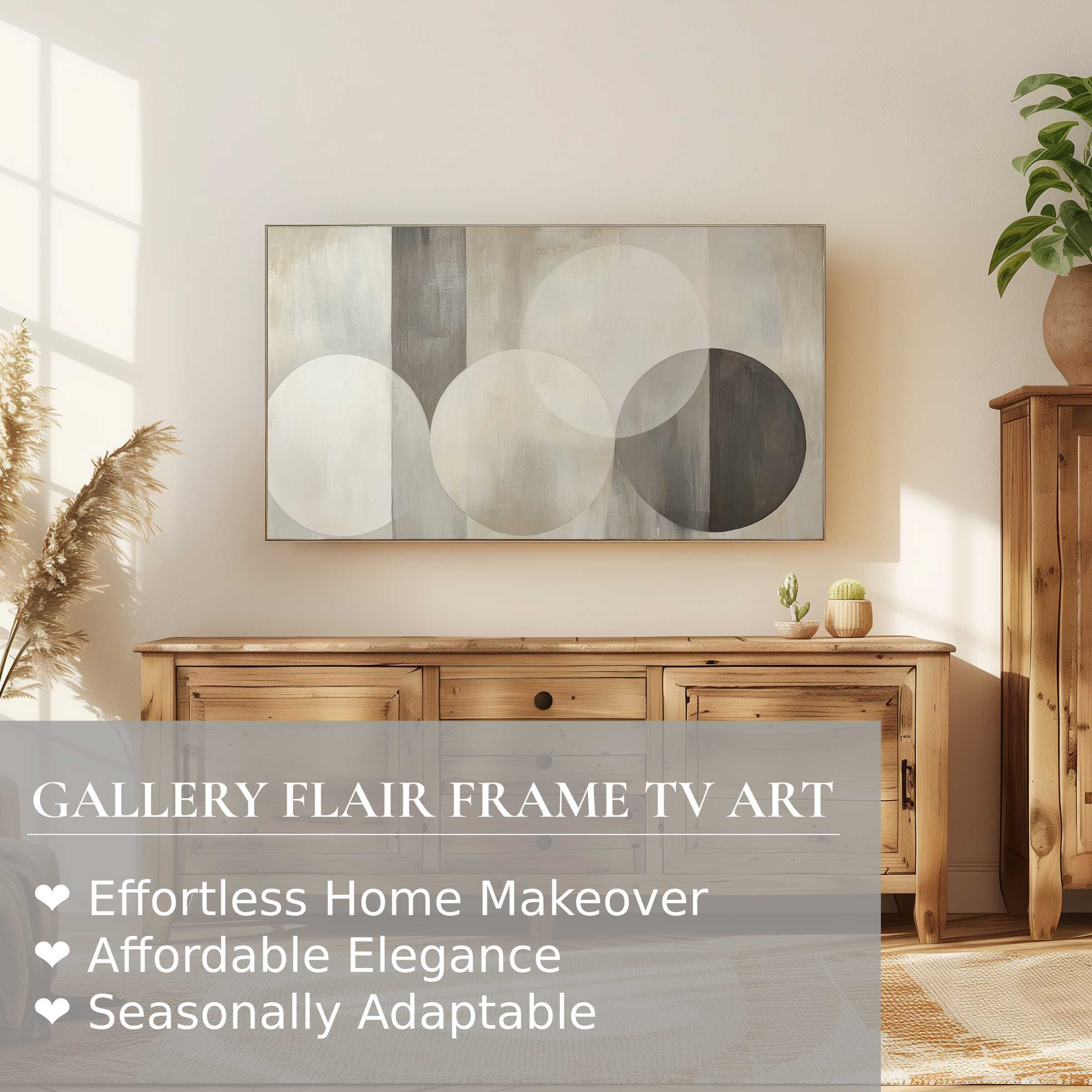 Modern living room with neutral digital artwork on Samsung Frame TV, blending natural wood and serene tones
