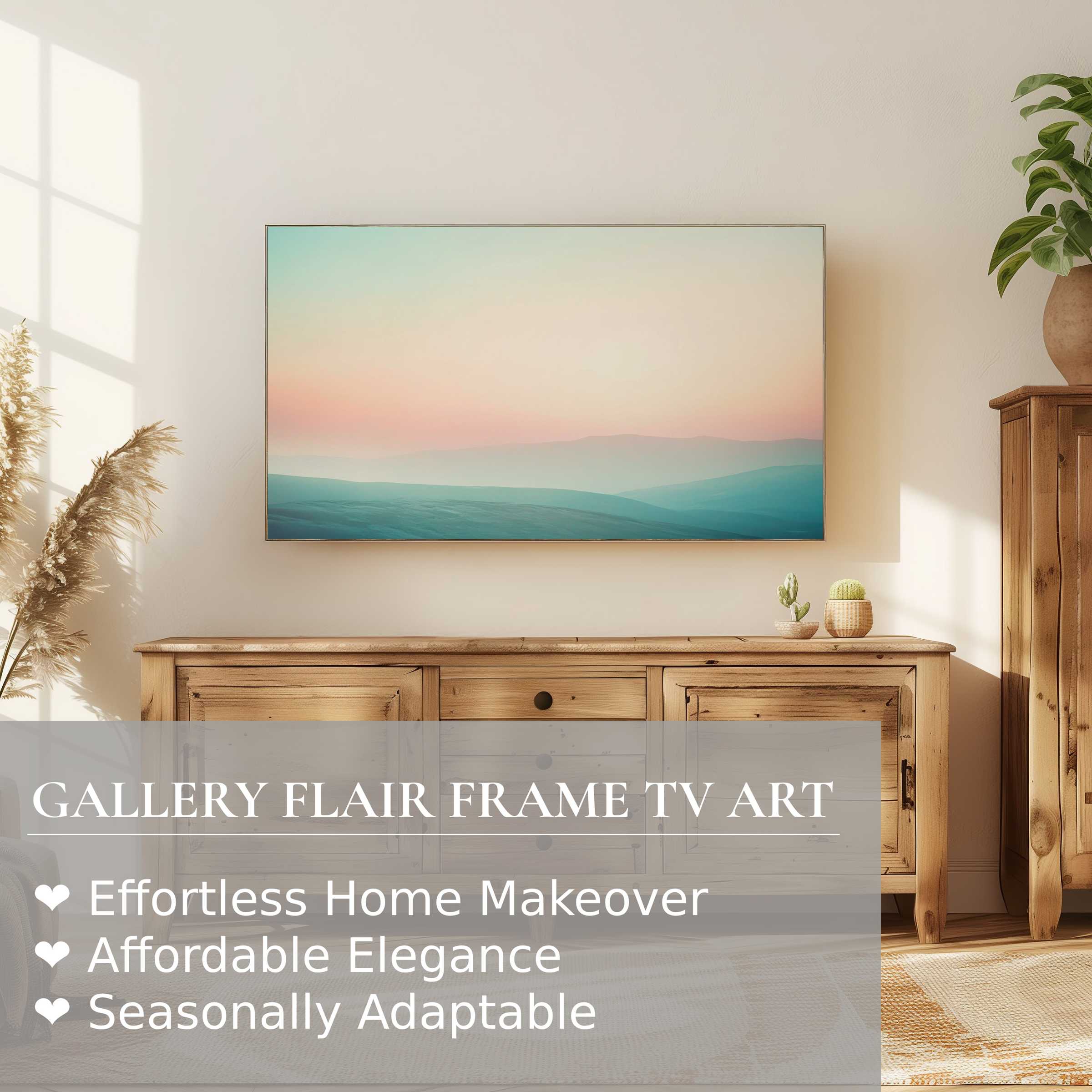 Samsung Frame TV displays serene modern digital artwork in a sunlit, rustic-chic living room with natural wood tones