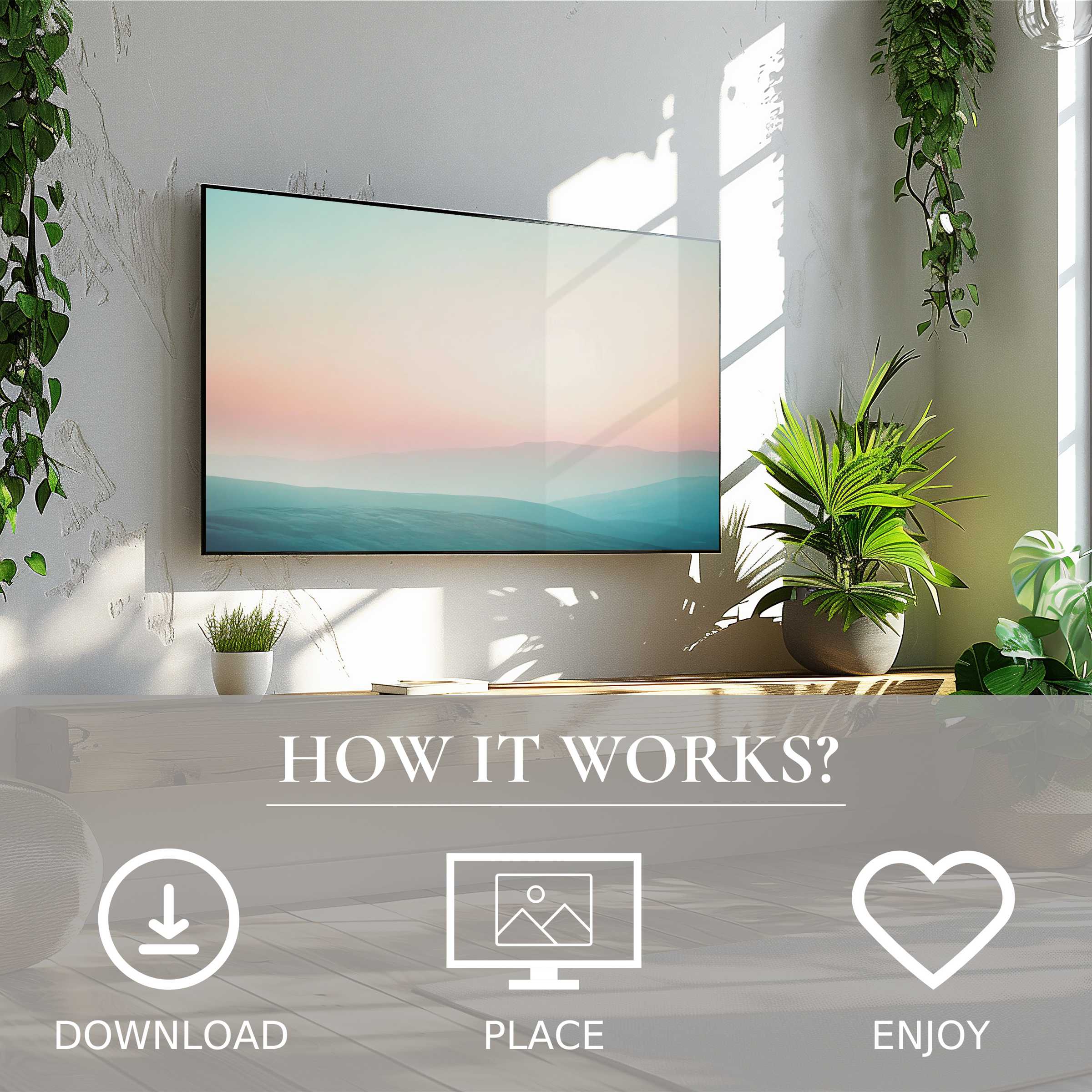 Modern art for Samsung TV with soft sunset tones enriches light-filled living spaces; easy digital download and display