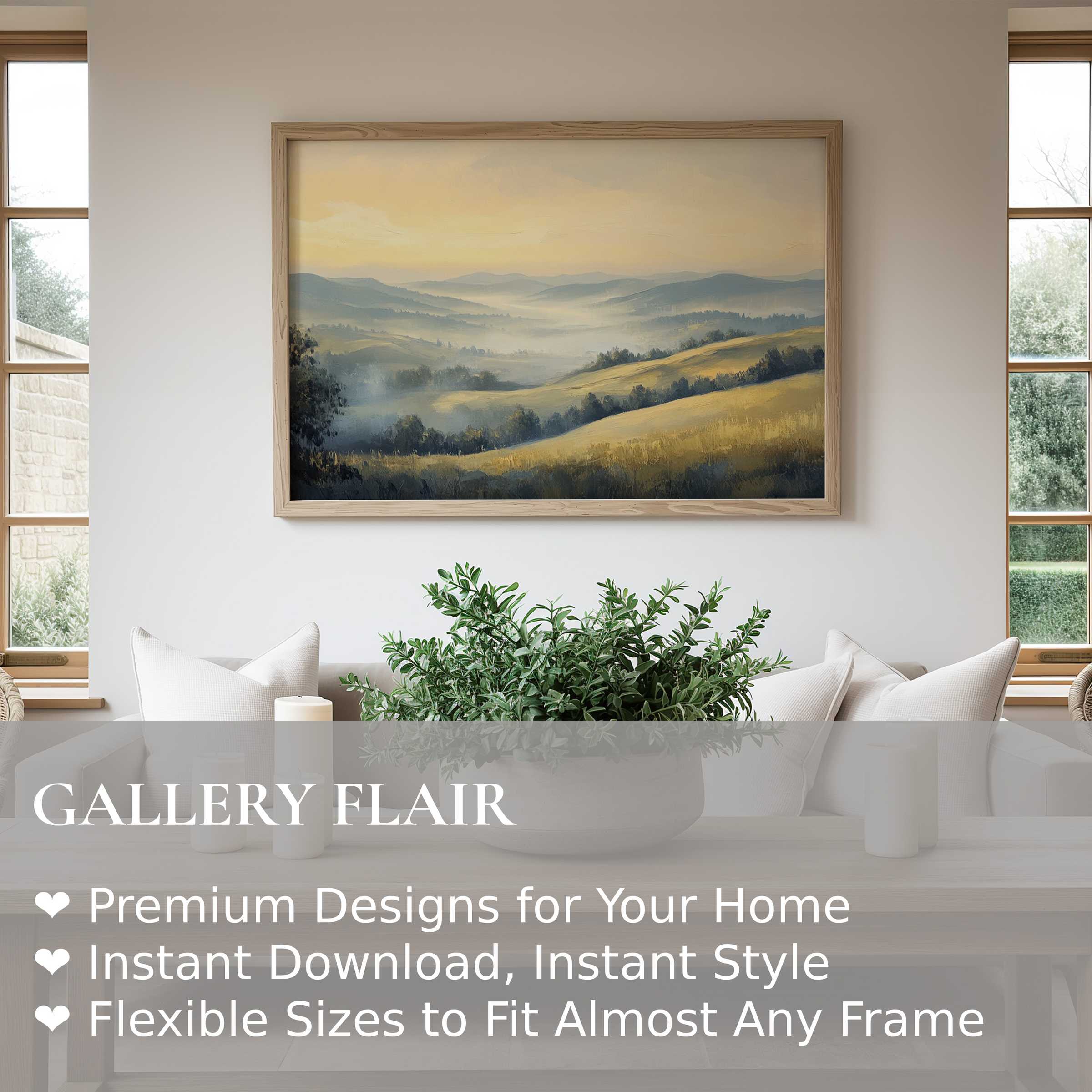 Vintage wall art print capturing serene rolling hills in soft golden hues, enhancing modern farmhouse interiors with calming, natural elegance