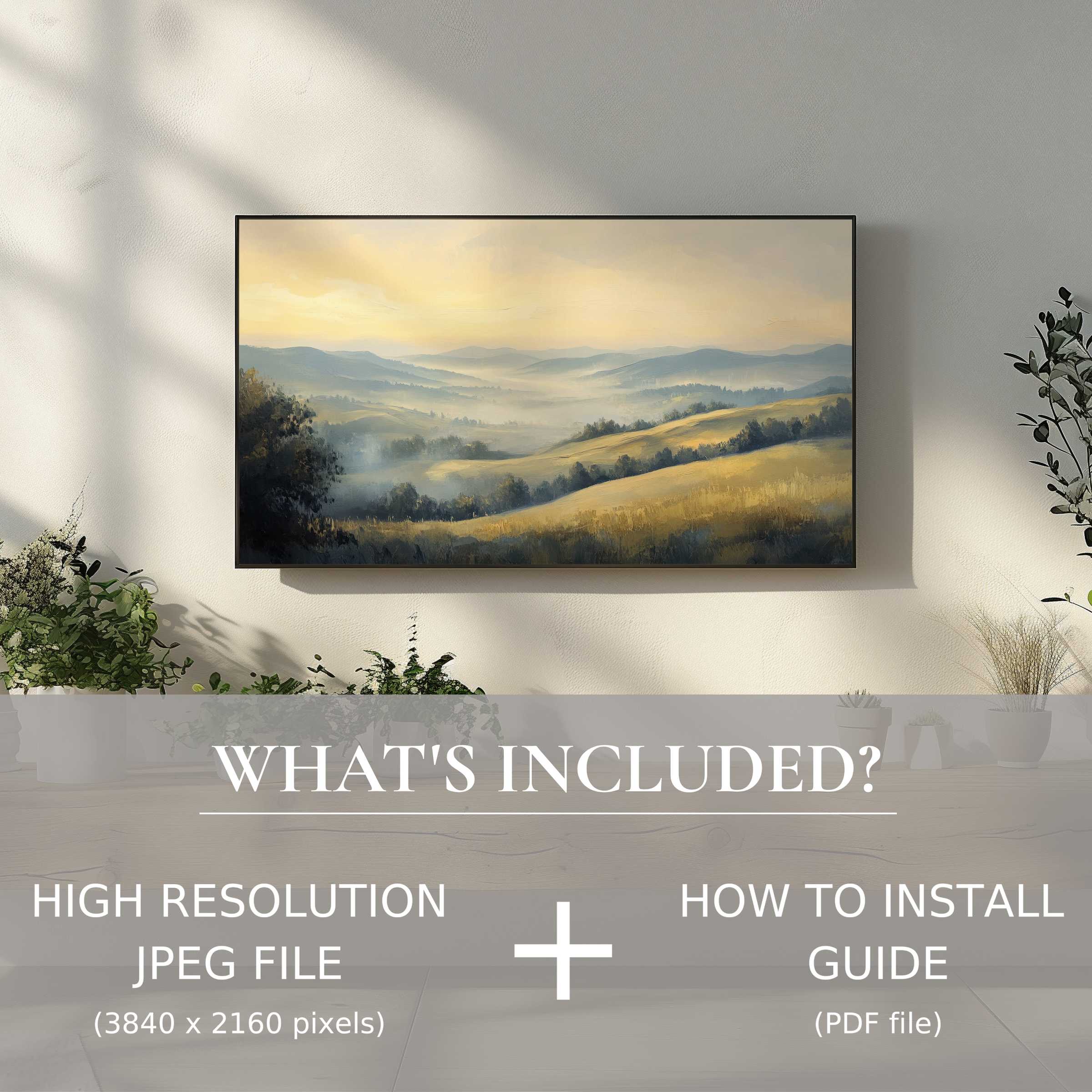 Elegant vintage digital TV art download enhances modern living spaces with effortless digital use and serene landscape charm