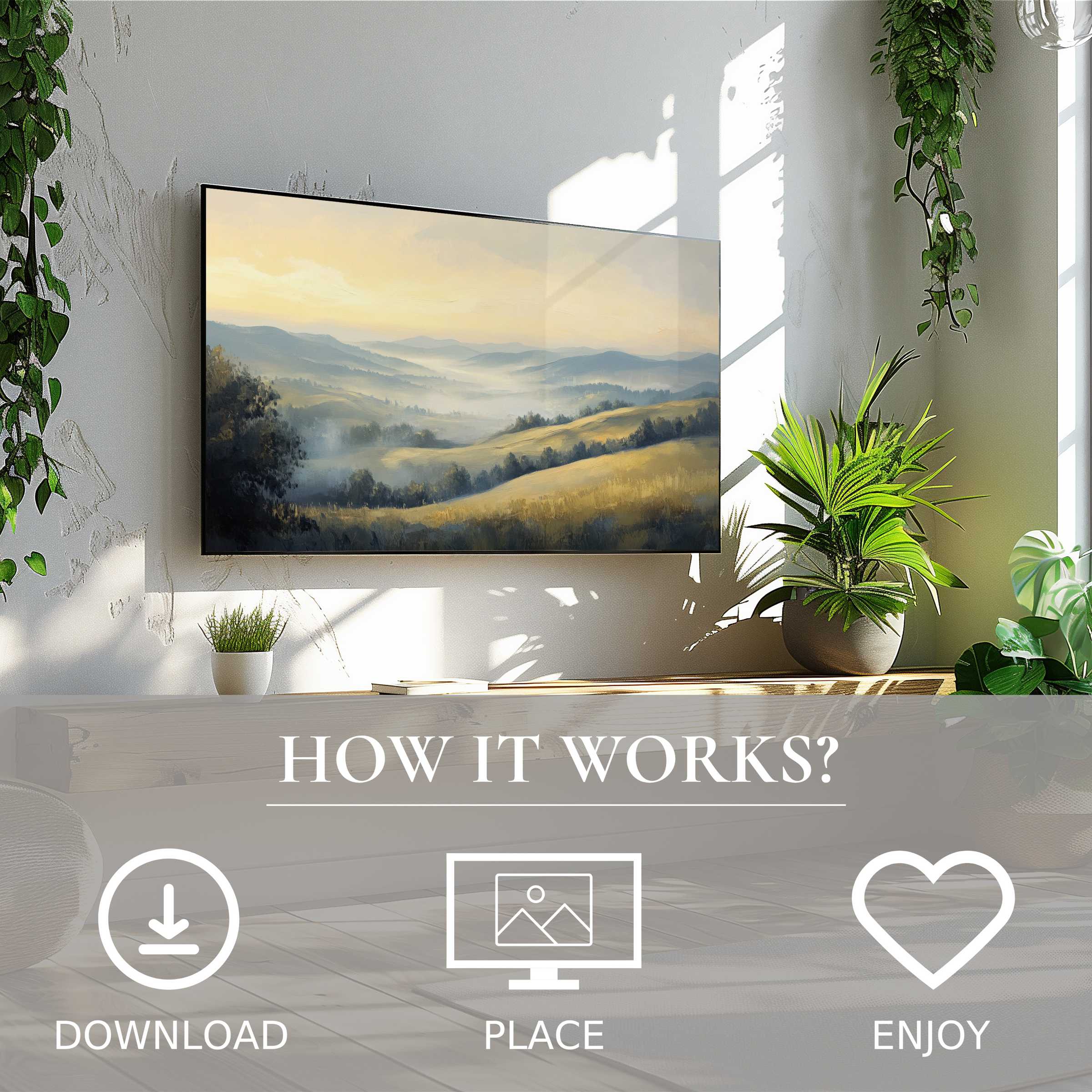 Vintage art for Samsung TV showing soft sunset tones in a serene landscape, easy digital download to enrich decor