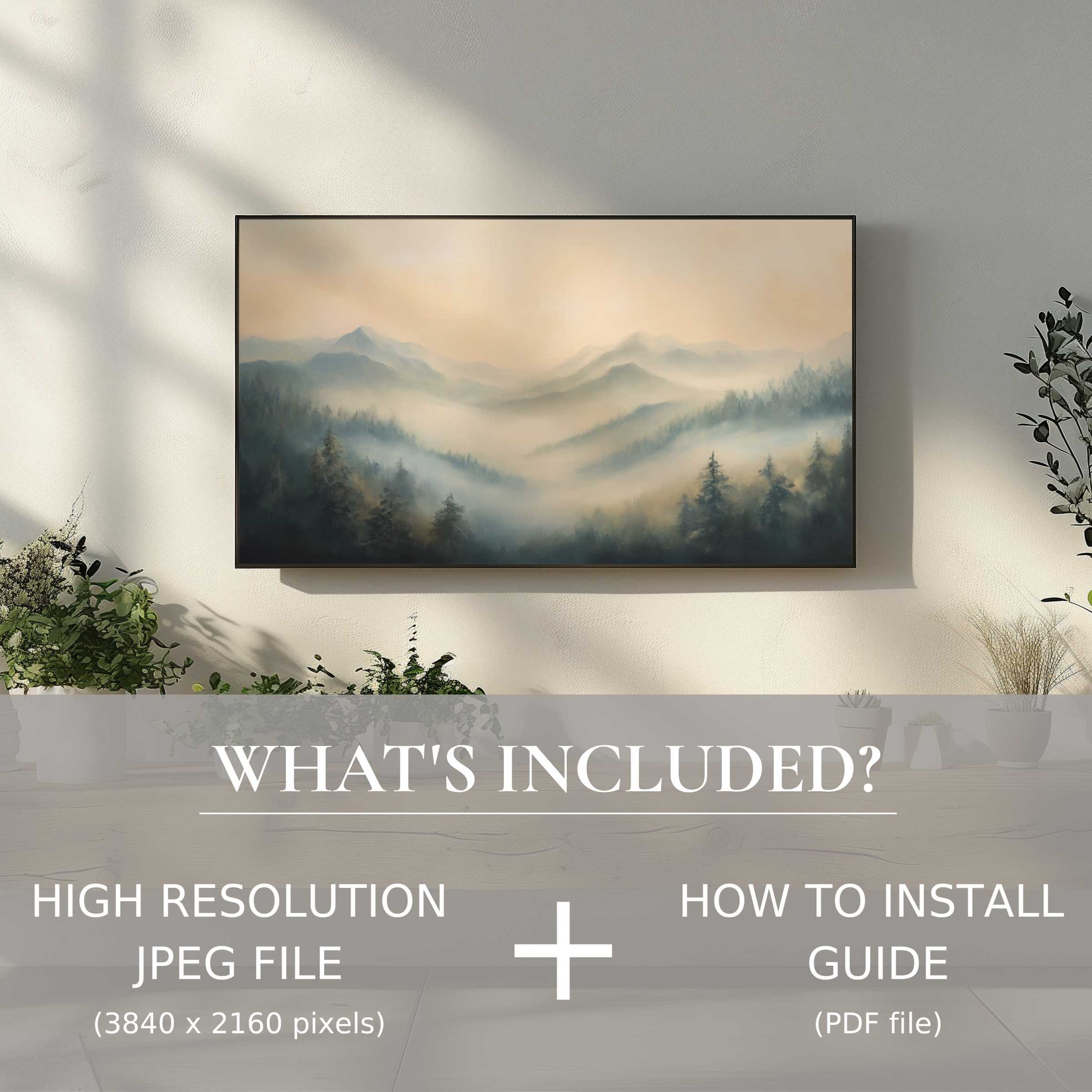 Elegant landscape digital TV art download, easy digital use enhances modern living spaces with serene mountain views