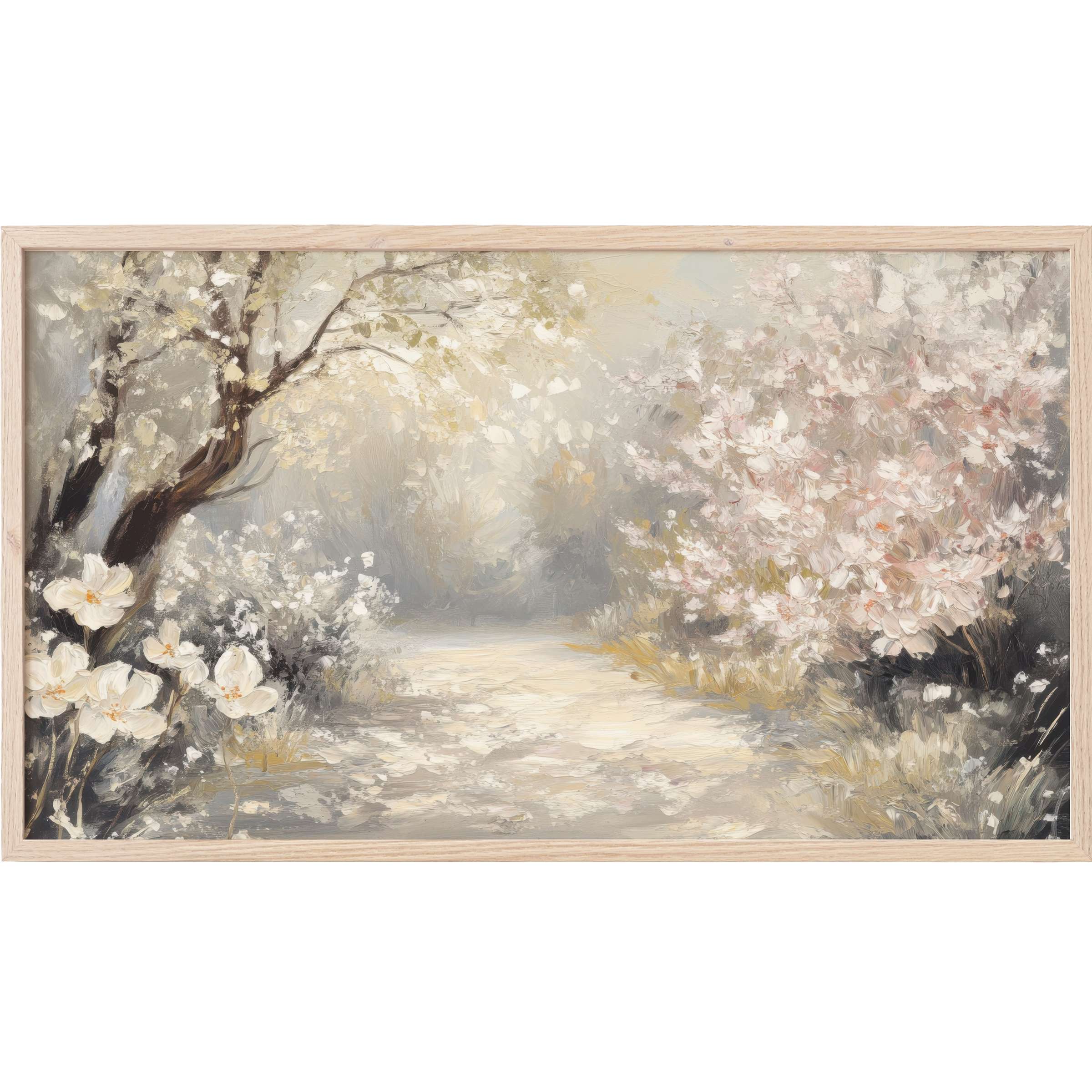 Soft pastel blossoms and gentle brushstrokes create a dreamy spring Frame TV Art in muted beige and pink tones