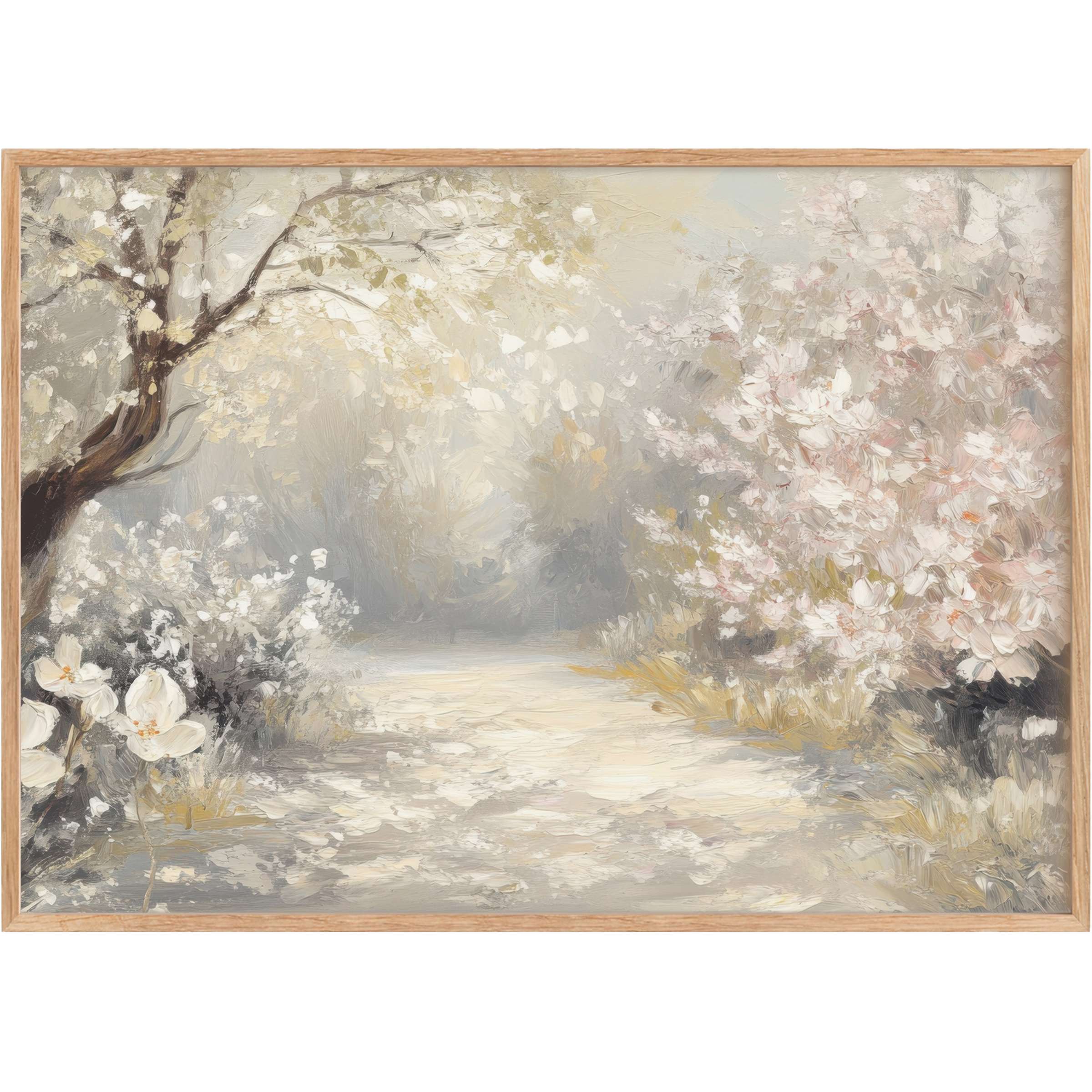 Serene spring printable wall art envelops soft grays, creamy whites, and blush pinks, evoking tranquil elegance and gentle renewal