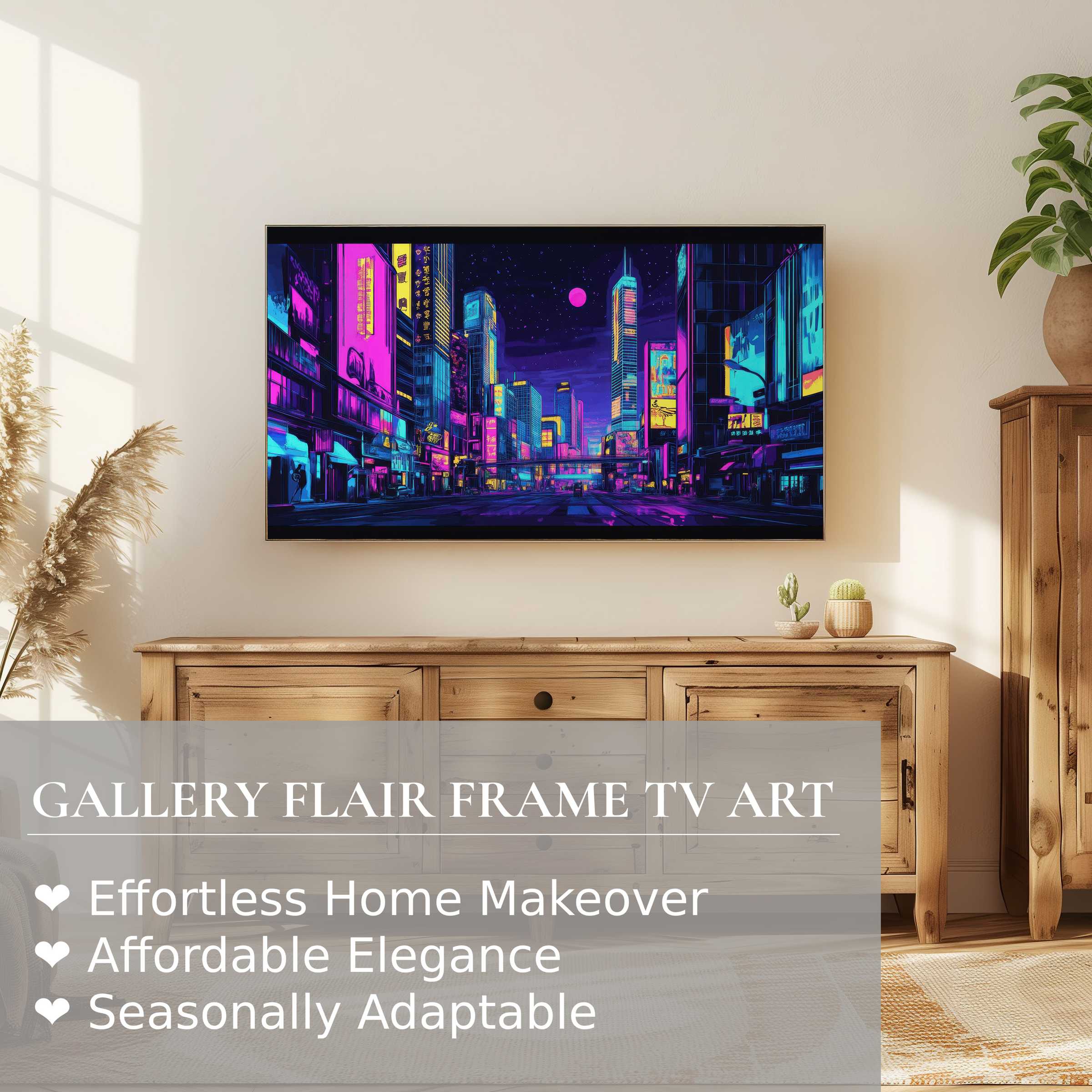 Samsung Frame TV showcasing vibrant pop art digital artwork in a sleek, modern, sunlit living space