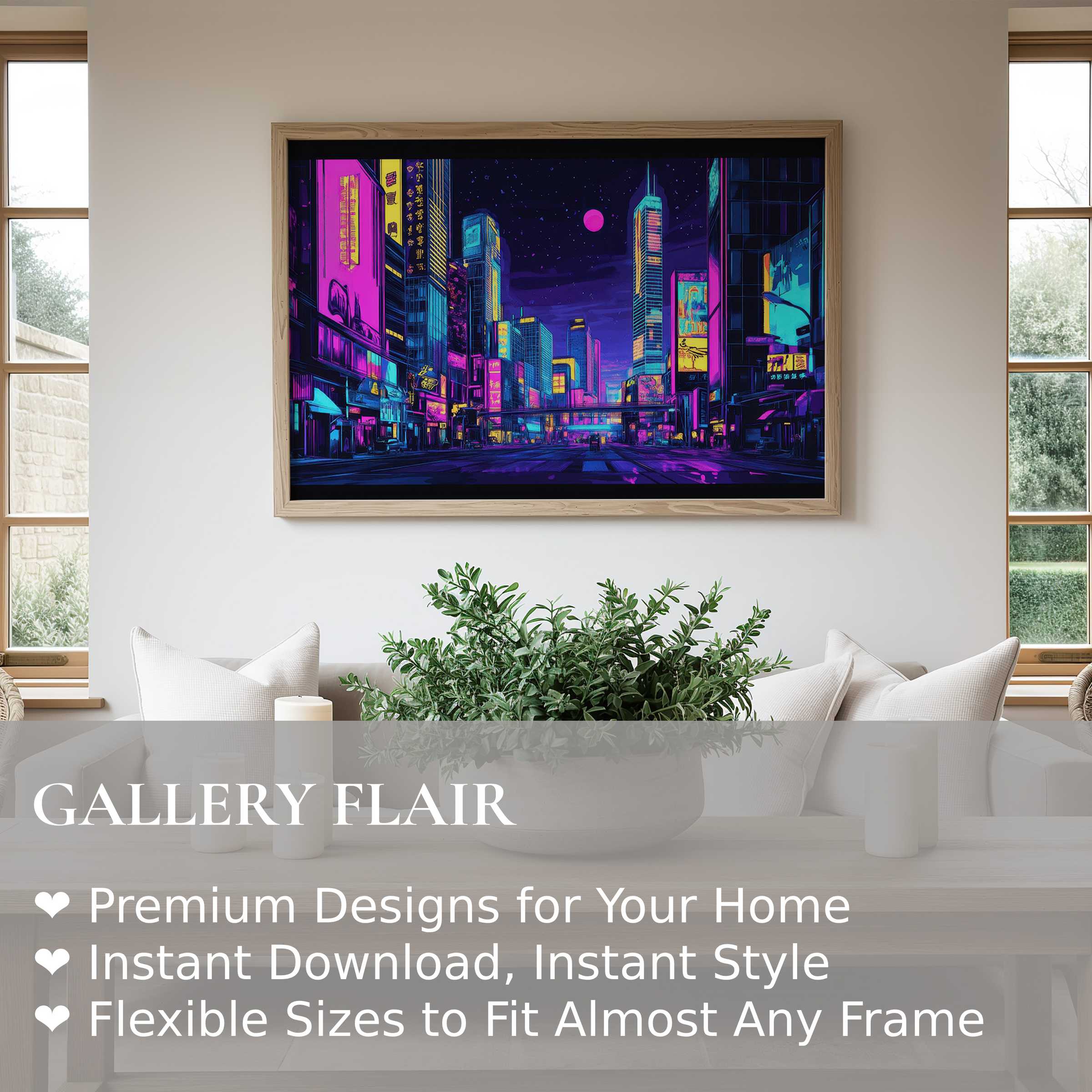 Vibrant pop art wall art print showcasing a dynamic neon cityscape in bold blues and pinks, elevating modern minimalist interiors with edgy urban allure