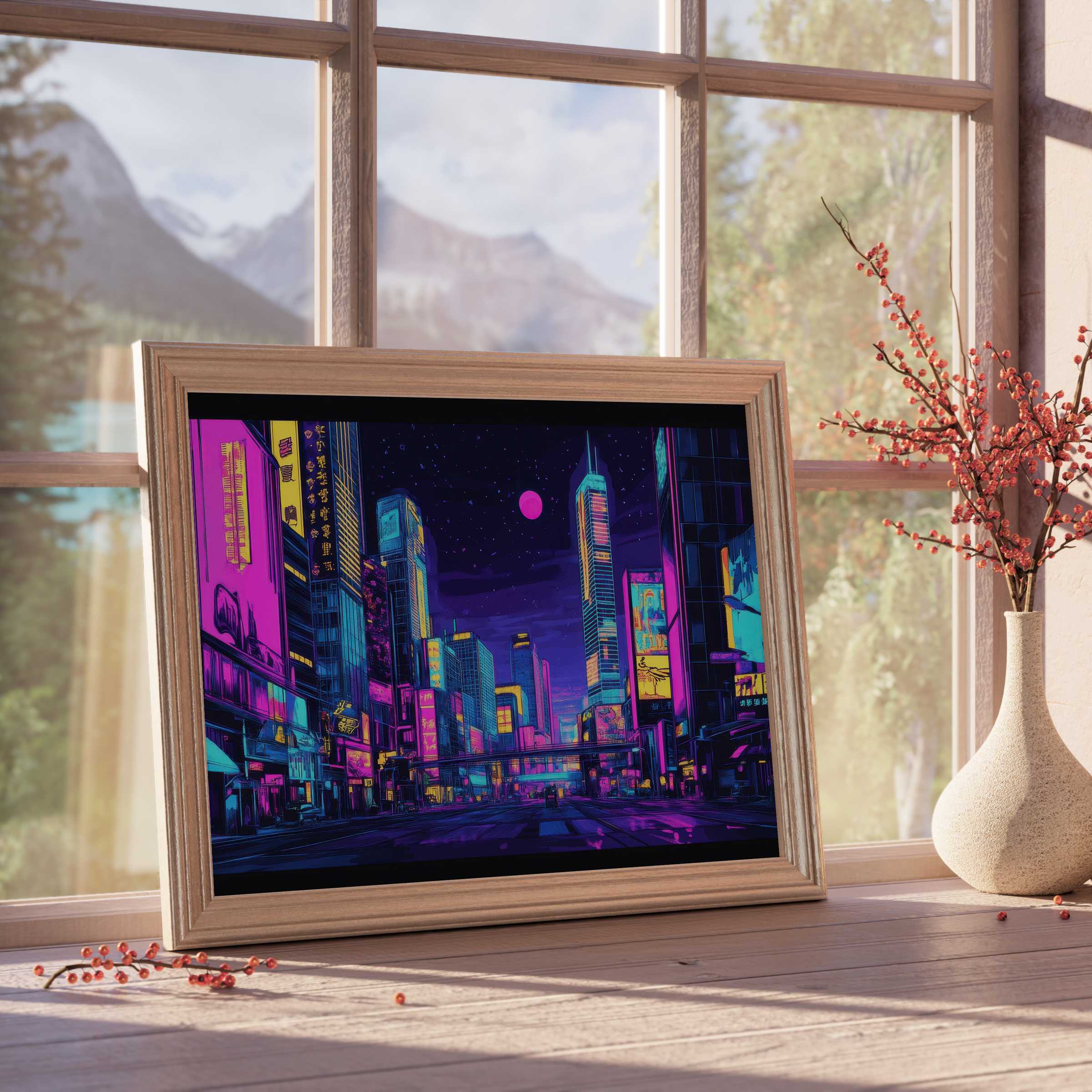 Vibrant pop art downloadable art capturing a neon-lit cityscape at night, perfect for elevating modern, design-forward interiors