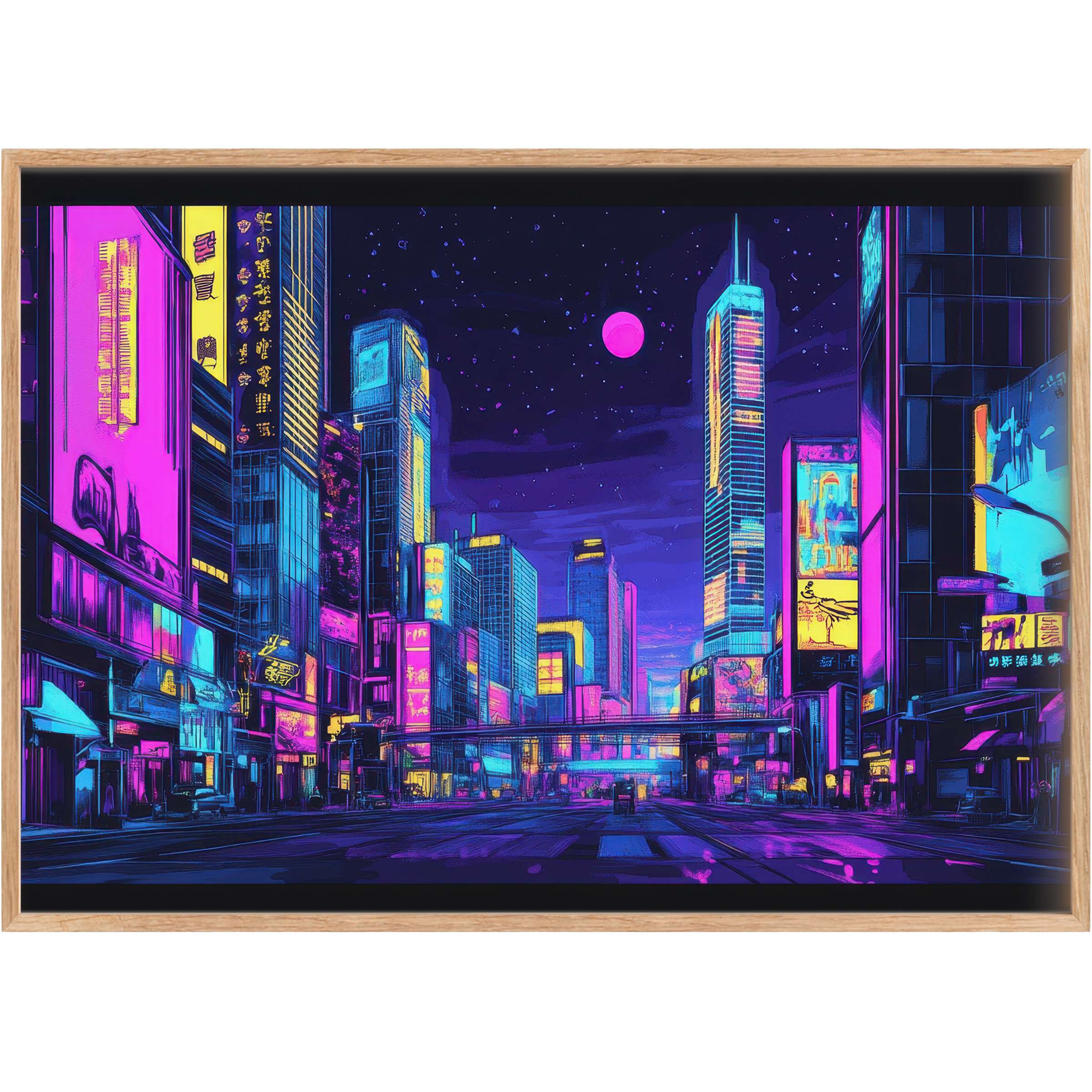 Vibrant pop art printable wall art with electric pinks, blues, and yellows, infusing interiors with a bold, futuristic cityscape mood