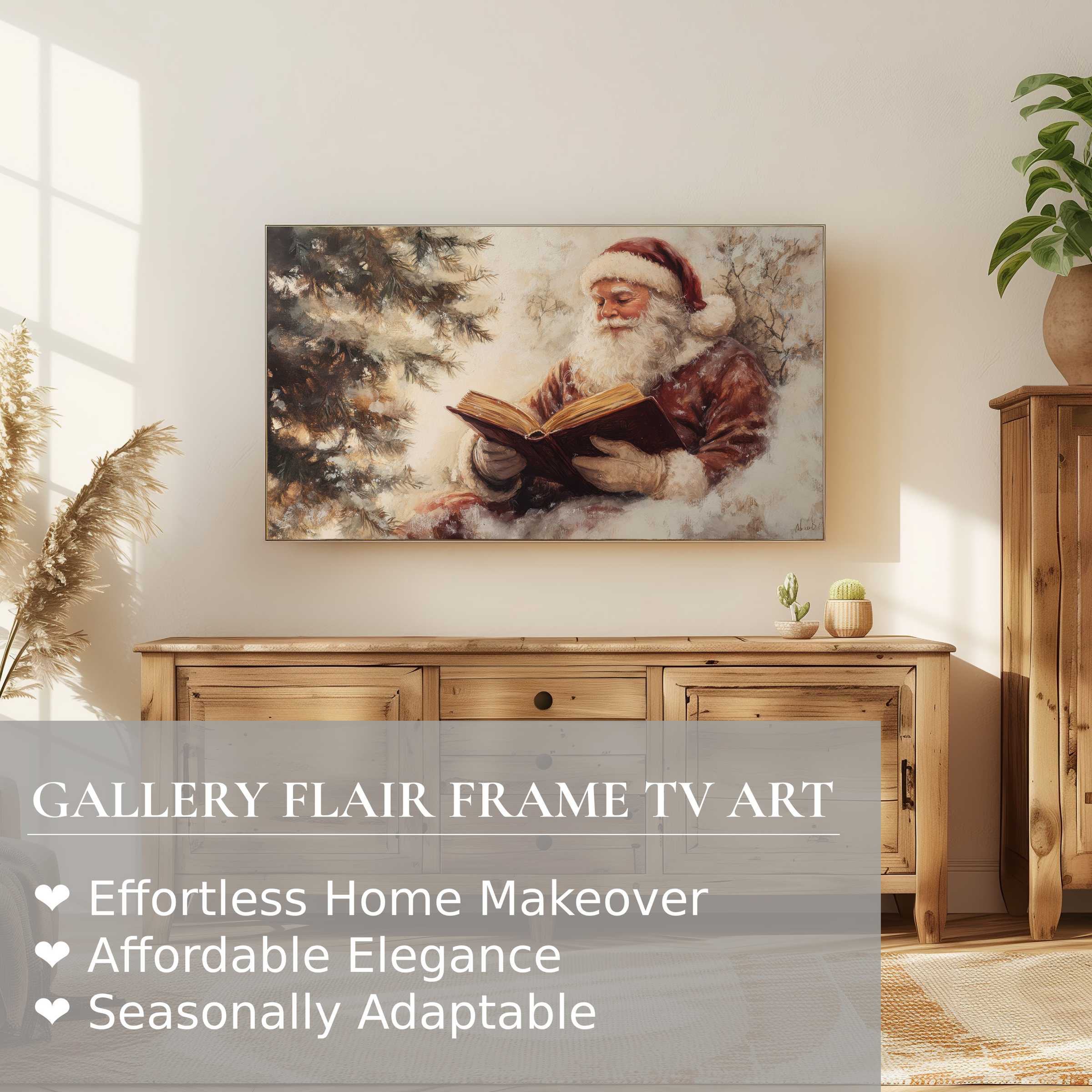 Elegant christmas digital artwork of Santa reading, displayed on Samsung Frame TV in a warm, modern living space