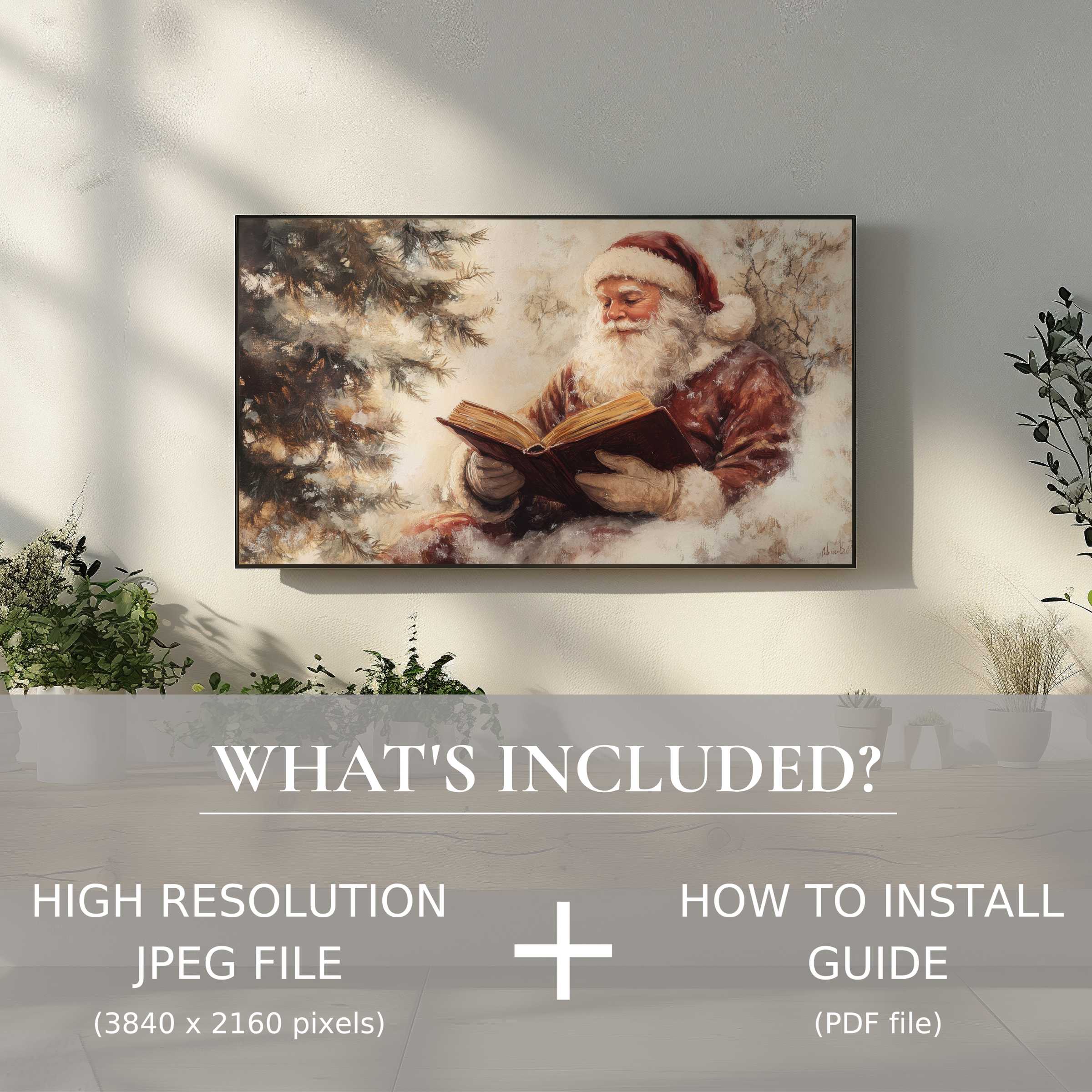 Elegant Christmas digital TV art download featuring Santa reading, enhancing living spaces with easy digital use and cozy charm
