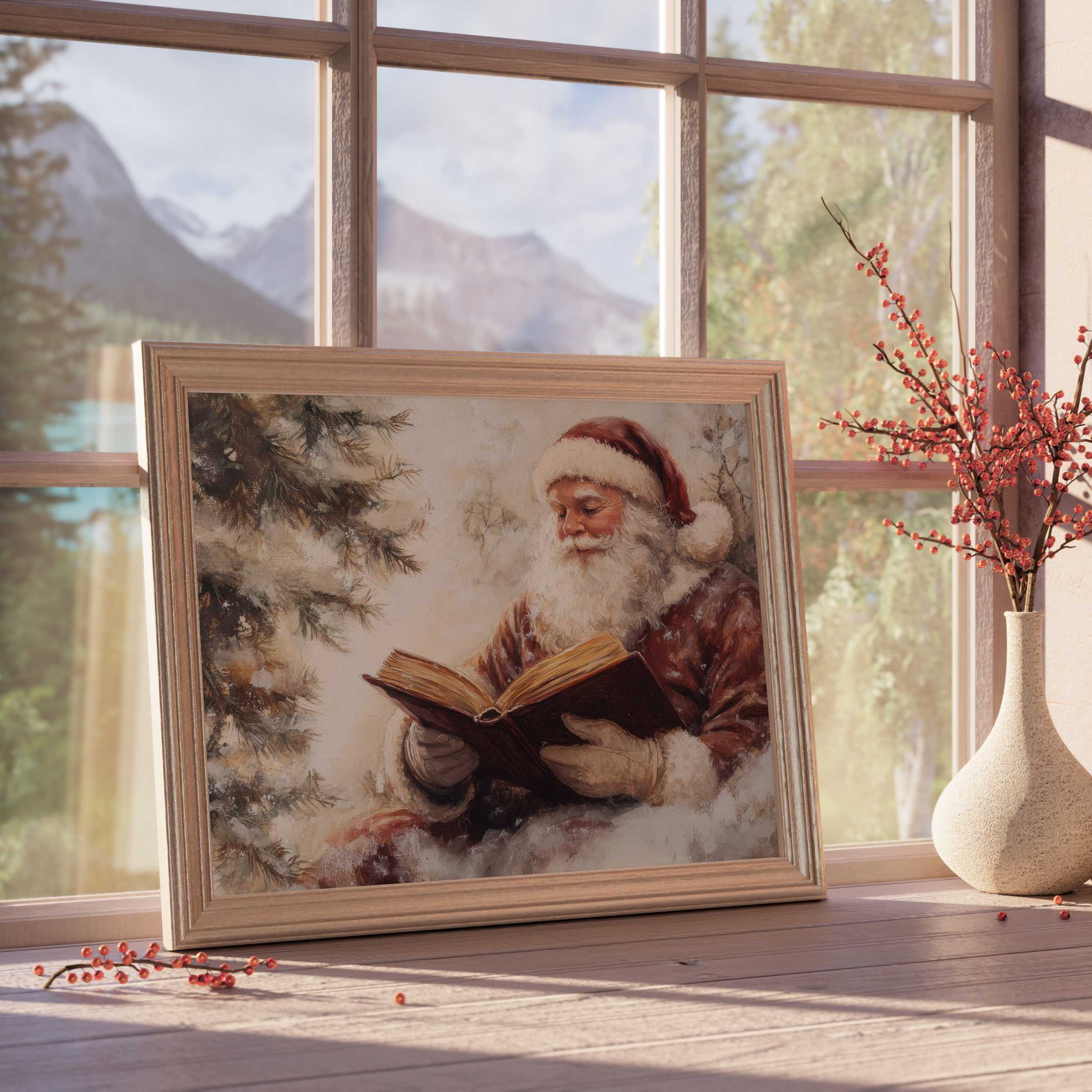 Christmas downloadable art featuring a timeless Santa reading by soft natural light, perfect for elegant, cozy interiors