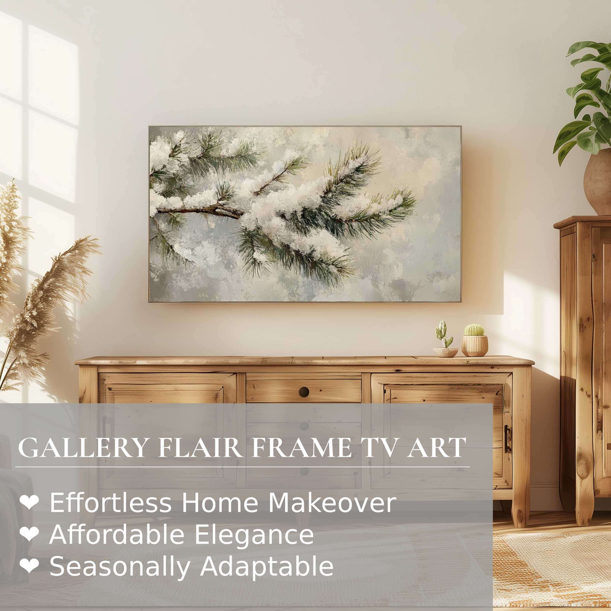 Refined winter digital artwork on Samsung Frame TV shows frosted pine branch, perfect for elegant home decor