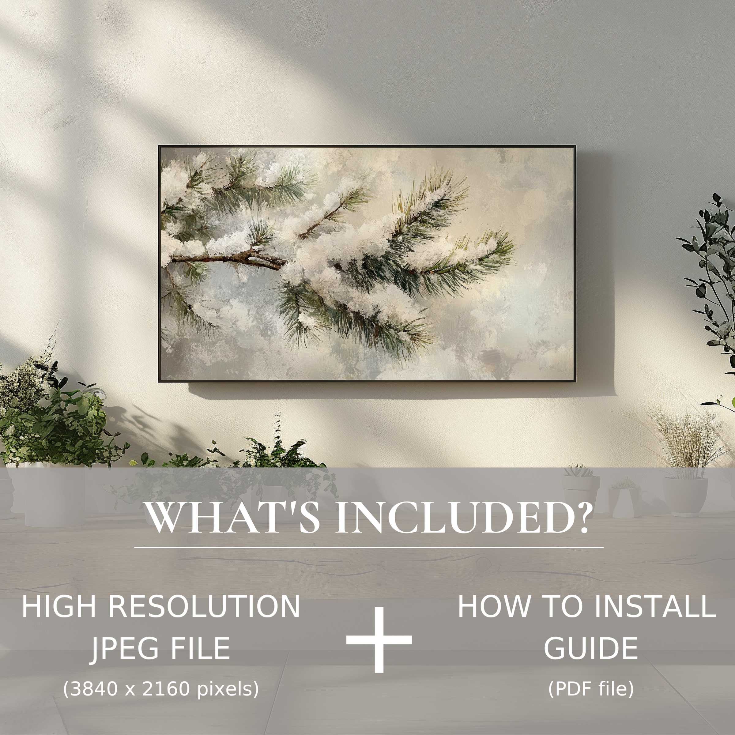 Elegant winter digital TV art download of snowy pine branch, easy to use, enriching your modern living space