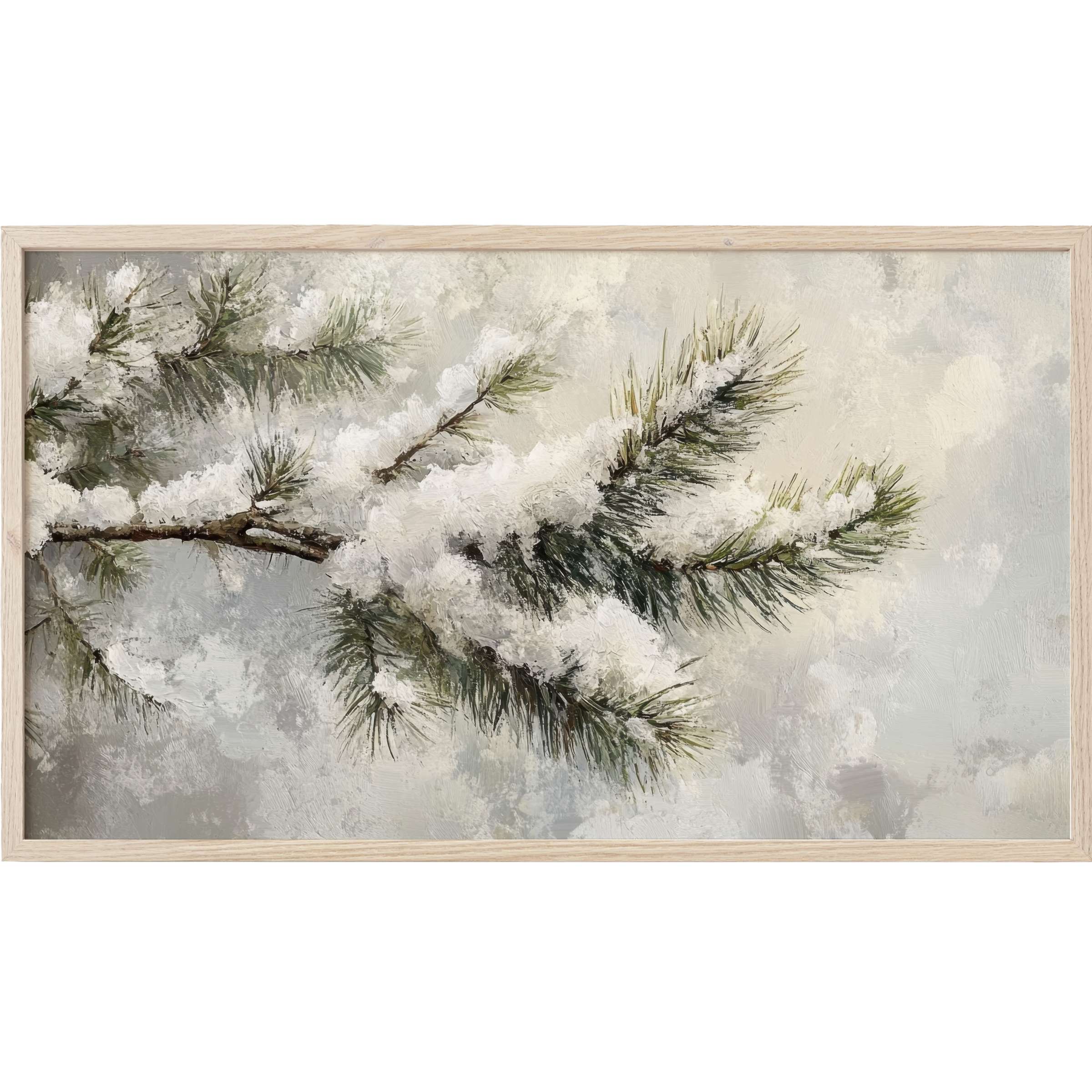 Elegant winter Frame TV Art of snow-laden pine branches in soft whites and muted greens, painted with textured brushstrokes