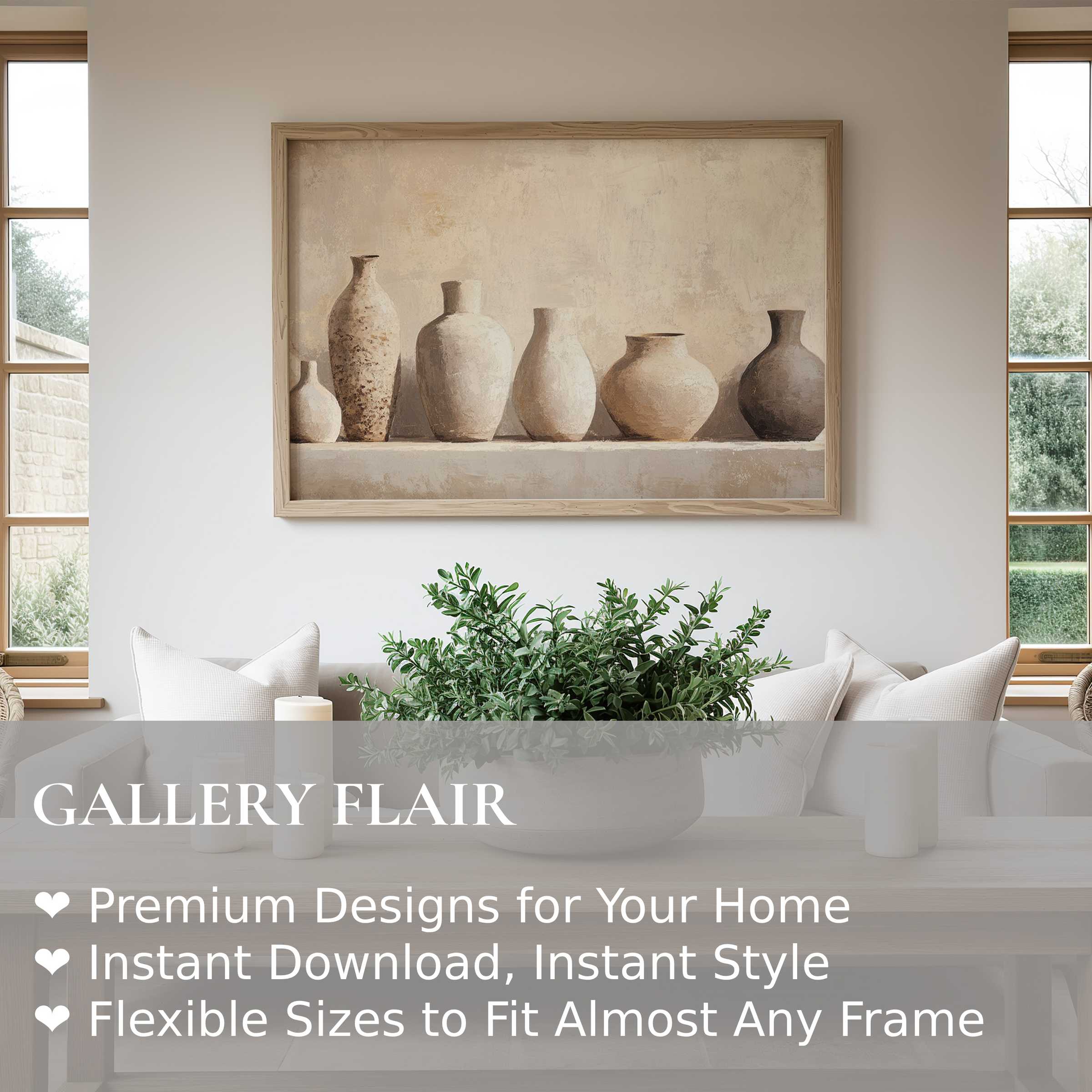 Boho wall art print featuring textured neutral vases in a serene, earthy palette, enhancing modern minimalist interiors with warm, organic charm
