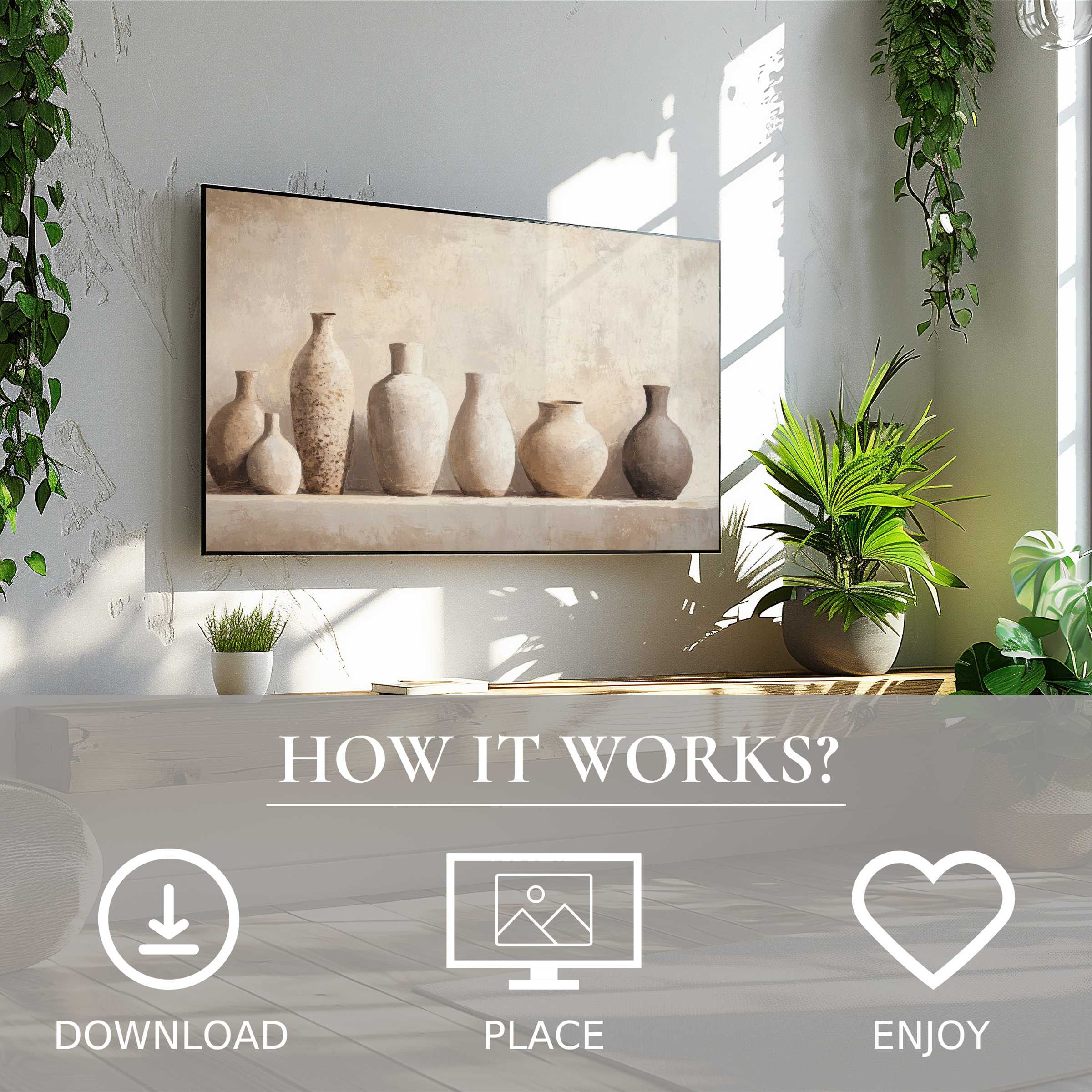 Boho art for Samsung TV with neutral pottery motif, easy digital download enriching modern, plant-filled living spaces