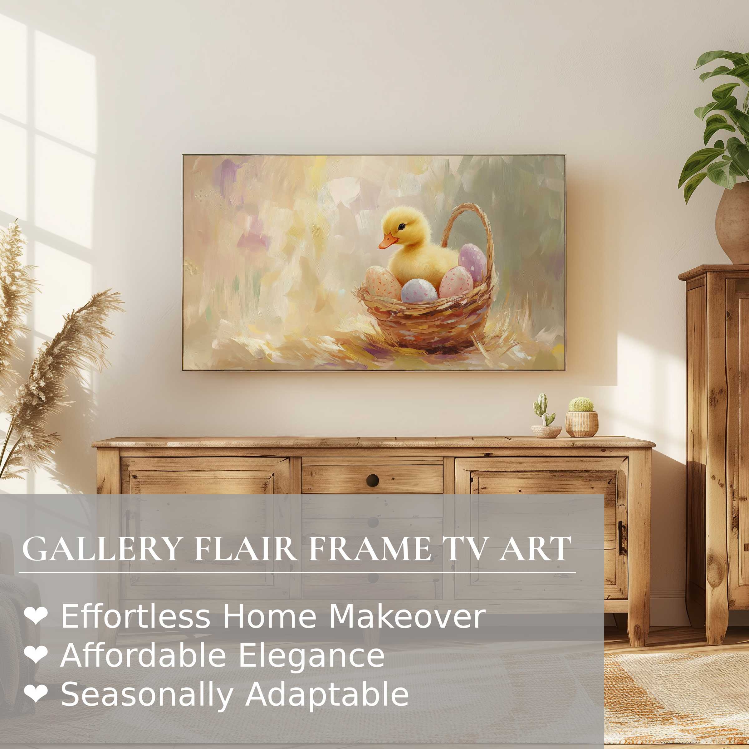 Samsung Frame TV displays elegant easter digital artwork of a duckling in a basket, perfect for refined decor