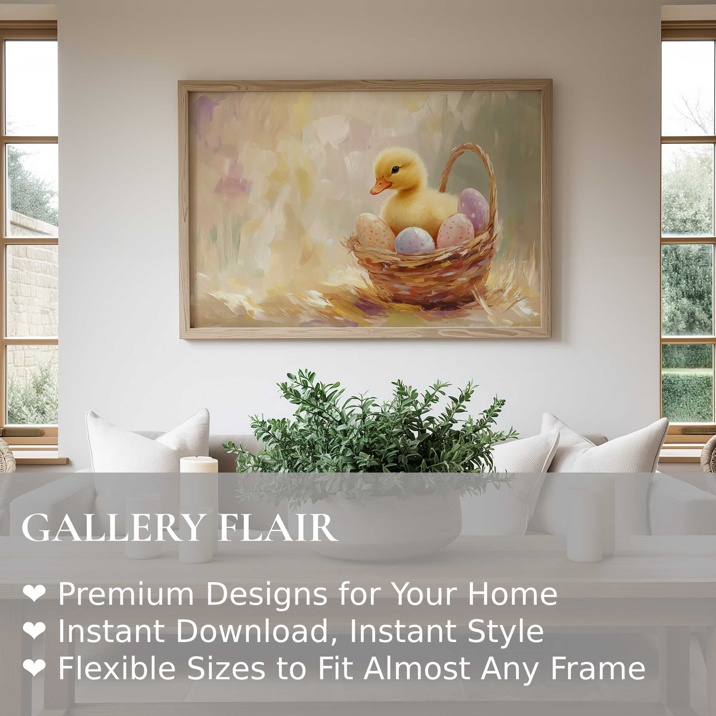 Easter wall art print featuring a soft, luminous duckling in a pastel basket, enhancing warm, modern farmhouse interiors