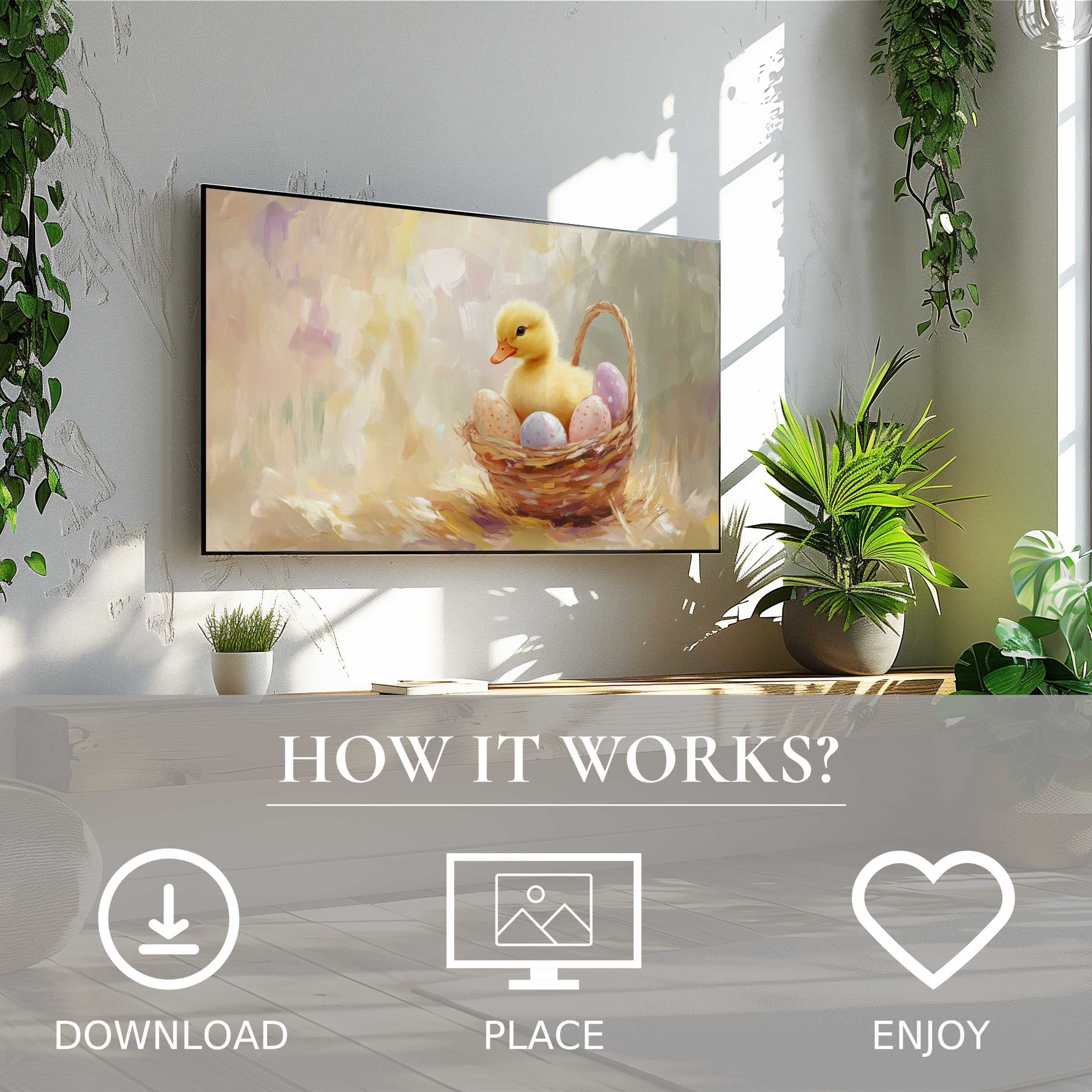 Modern living room with easter art for Samsung TV showing soft pastel tones and a duckling basket; easy digital download