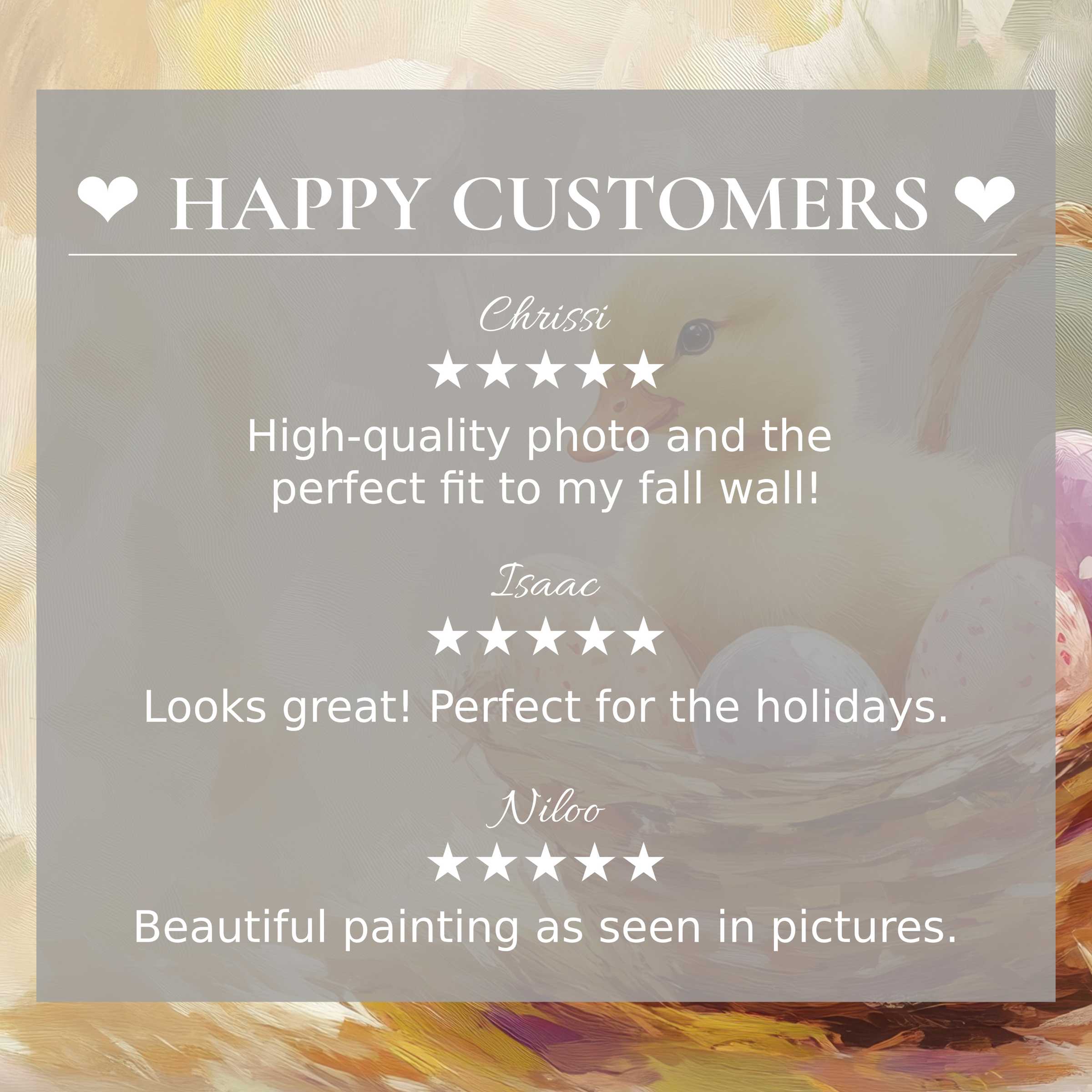 Elegant easter art for Frame TV with soft pastel duck motif, showcasing happy customer reviews and refined trust