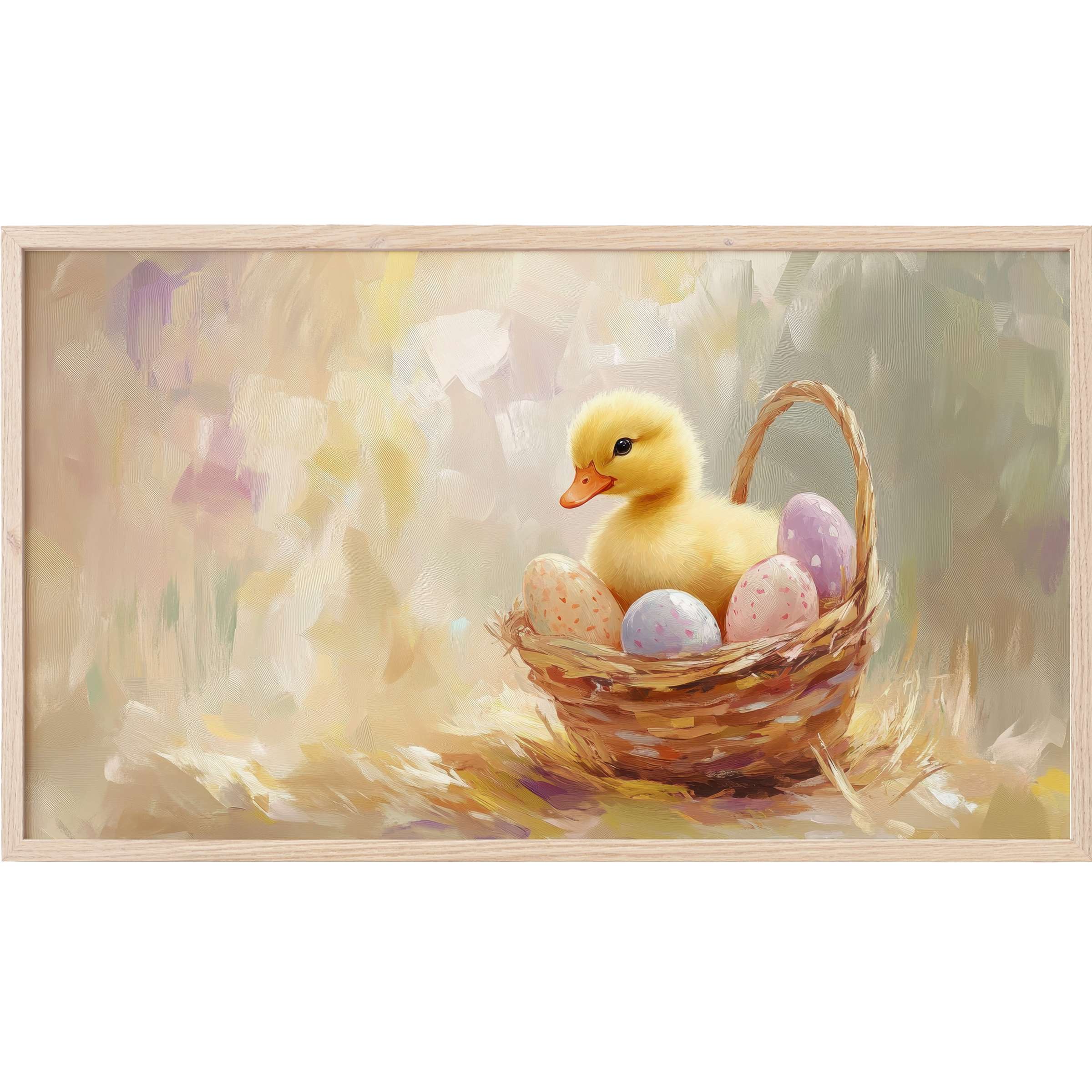 Charming easter Frame TV Art of a soft duckling in a woven basket with pastel eggs, painted in warm, delicate hues