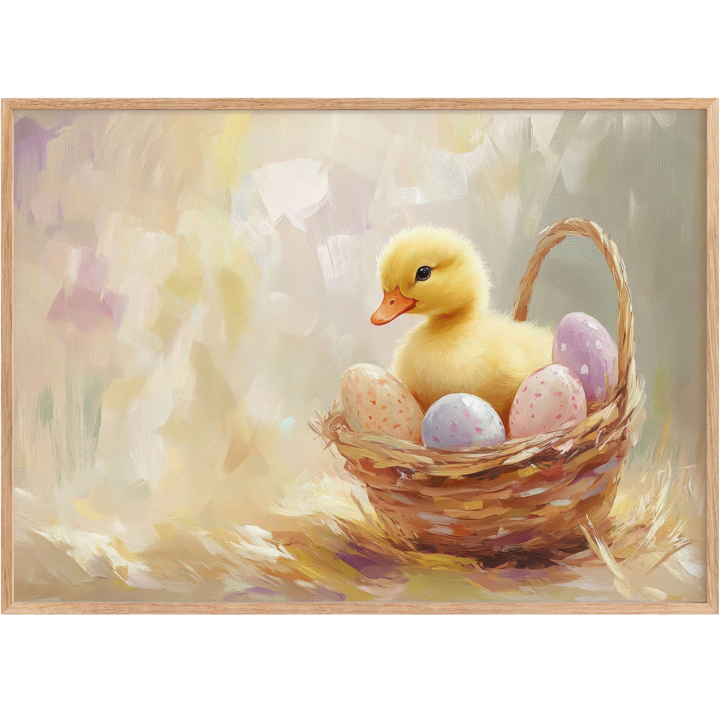 Charming easter printable wall art featuring a soft yellow duckling and pastel eggs, evoking warmth and gentle springtime joy
