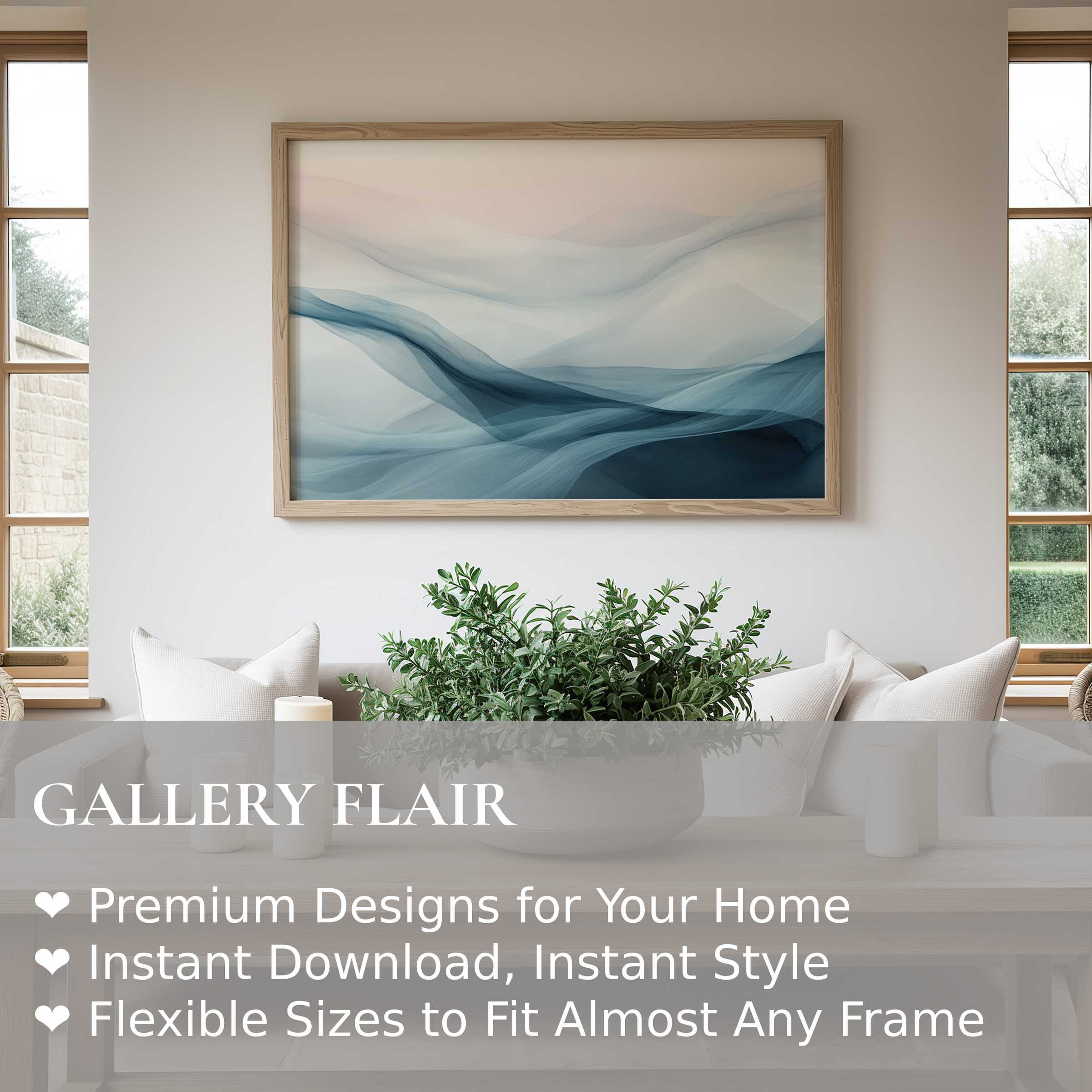 Abstract wall art print with fluid, serene blue waves enhancing a modern, minimalist living room with natural light and organic accents