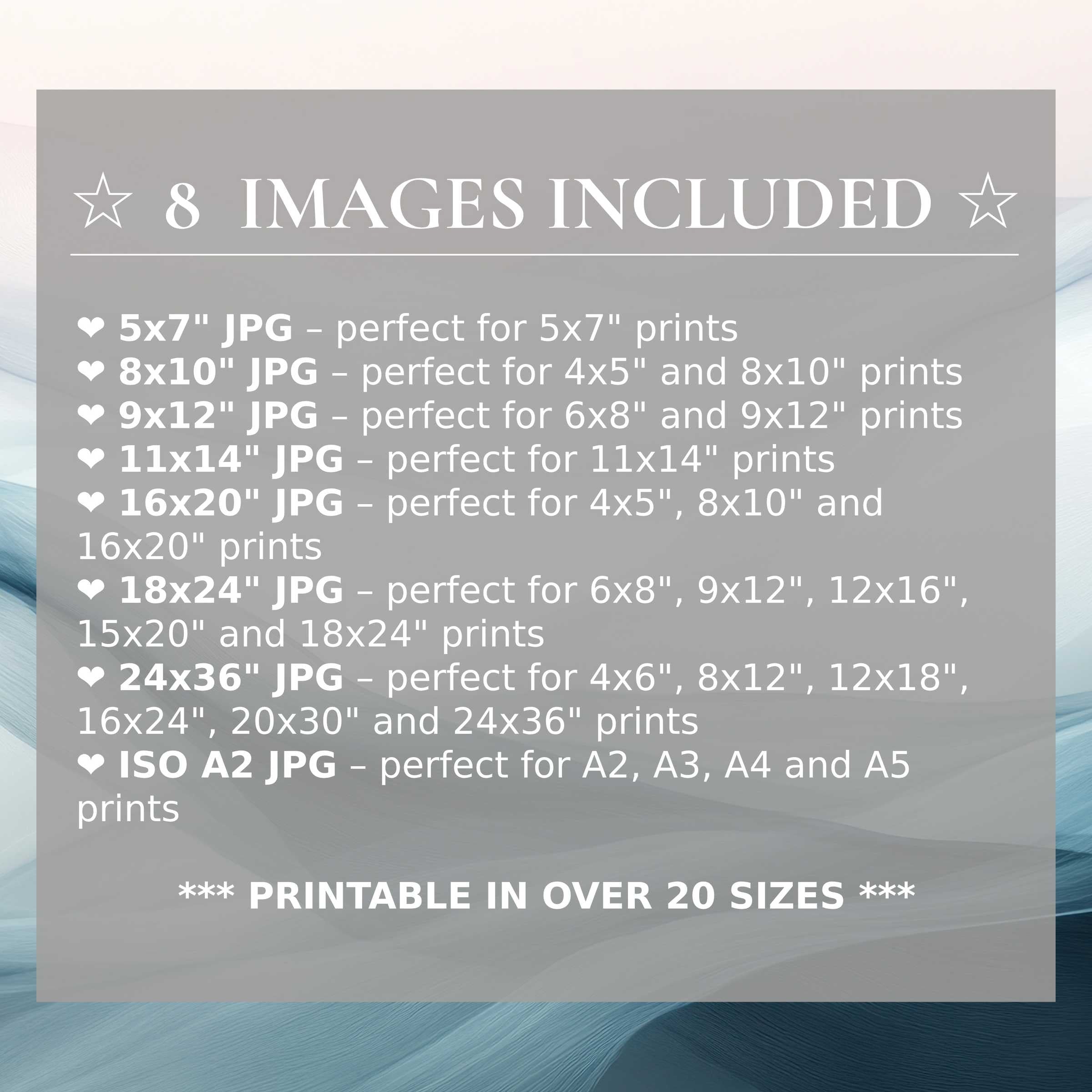 Radiant abstract digital print in serene blues and soft neutrals, elevating modern interiors with timeless style and 8 high-quality sizes included