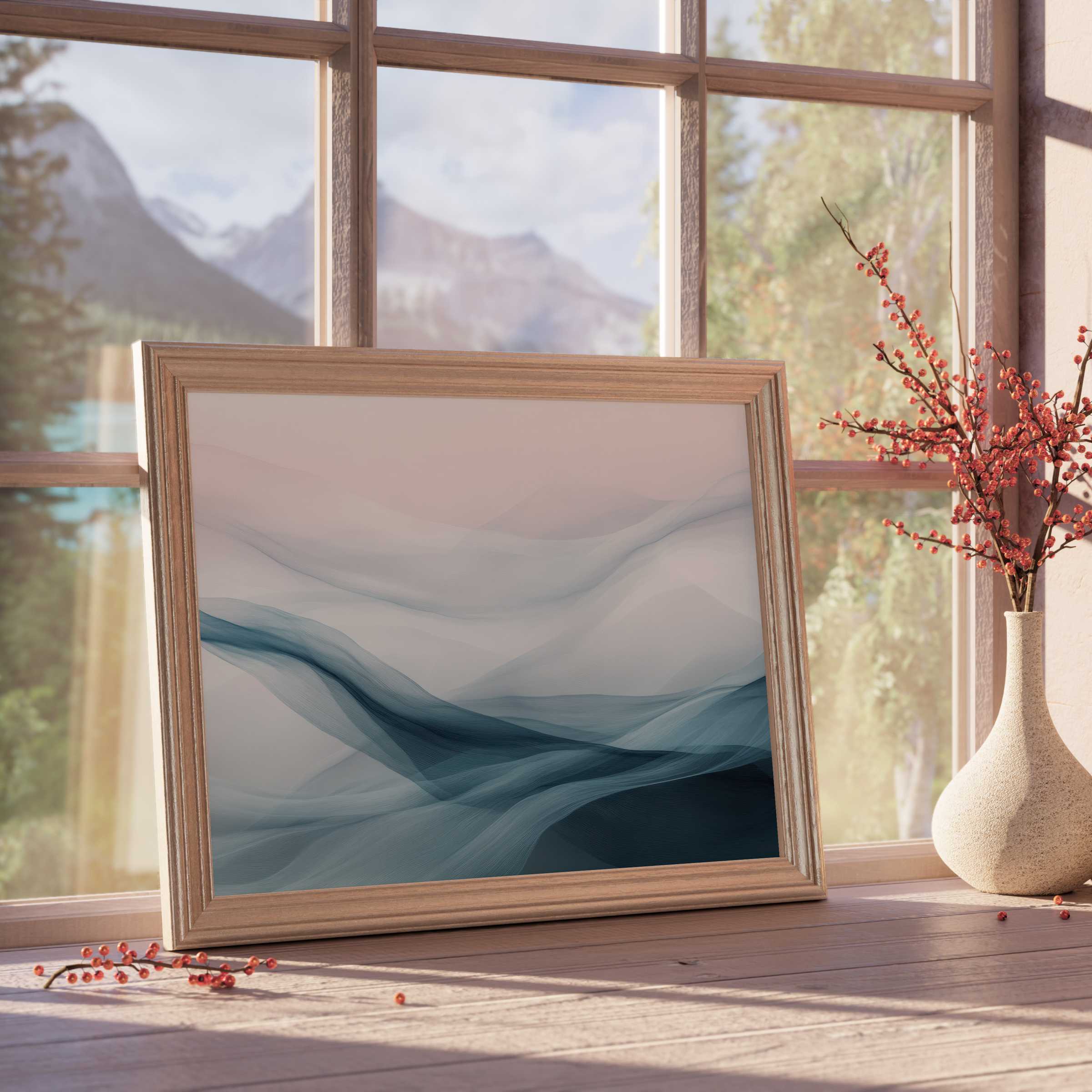 Ethereal abstract downloadable art in soft blue waves, elevating tranquil luxe interiors with serene, flowing movement and natural warmth