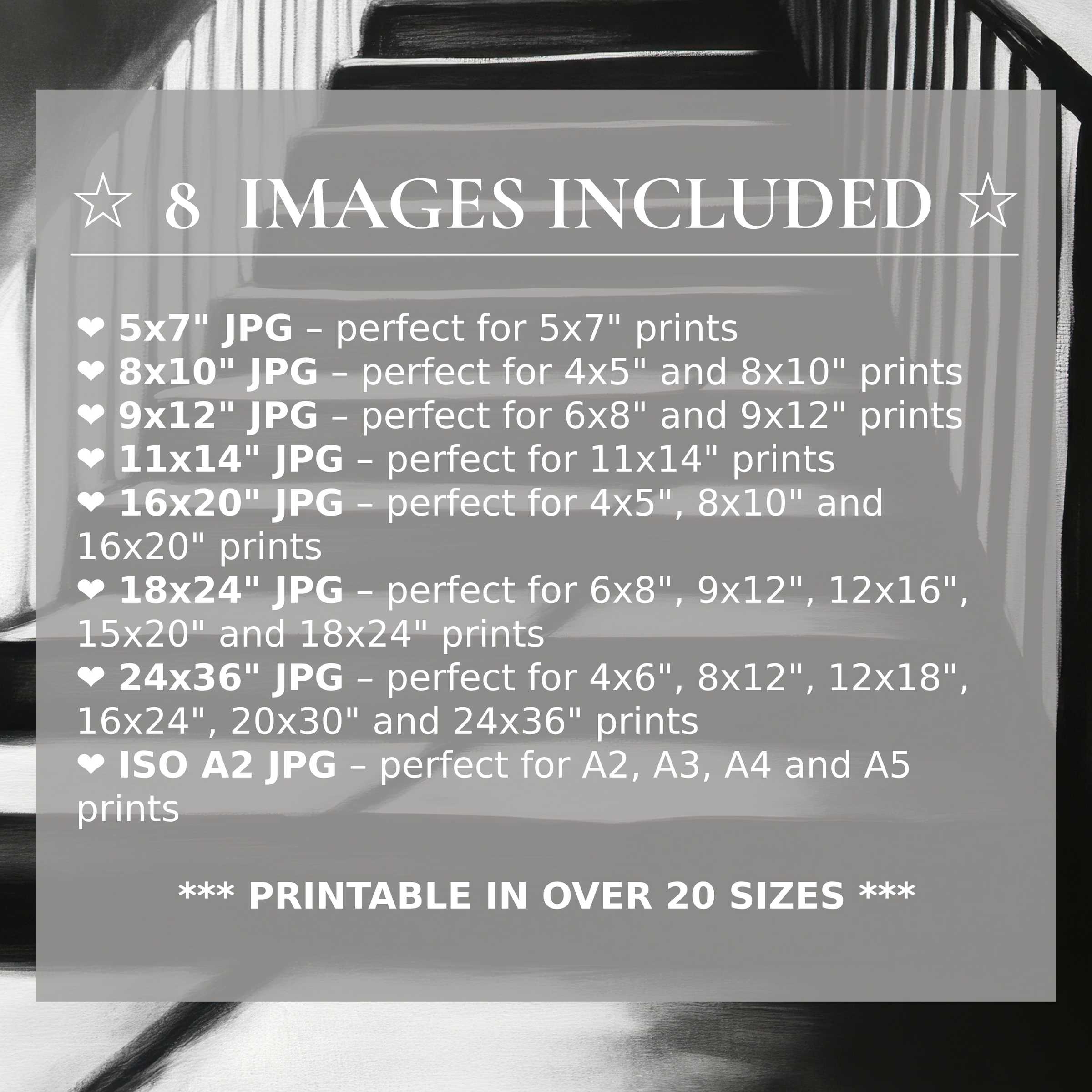 Black and white digital print exudes bold contrasts and timeless elegance, available in 8 high-quality sizes included, perfect for elevating modern interiors with versatile style and enduring sophistication