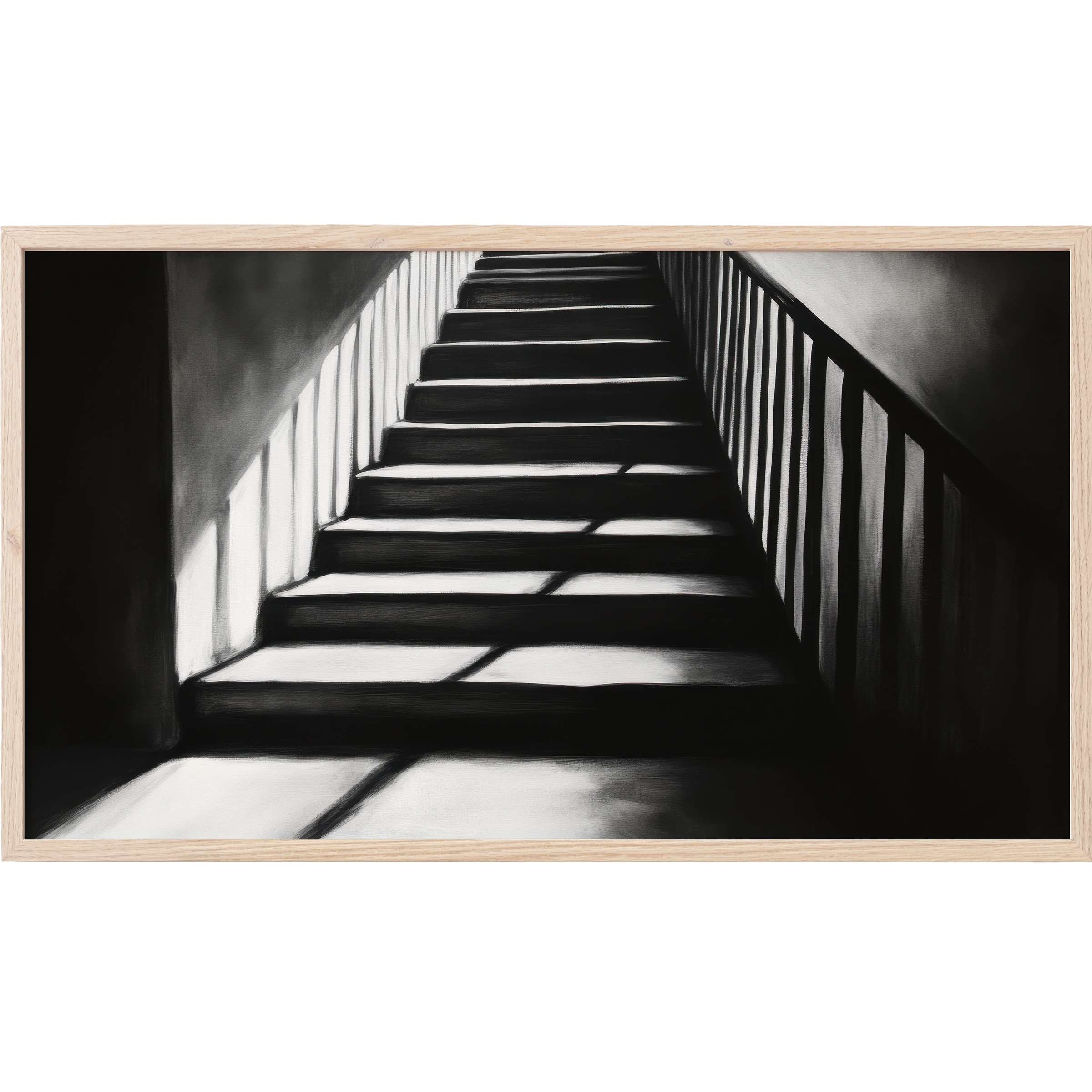 Black and white Frame TV Art depicting dramatic staircase shadows in sleek, minimalist monochrome tones