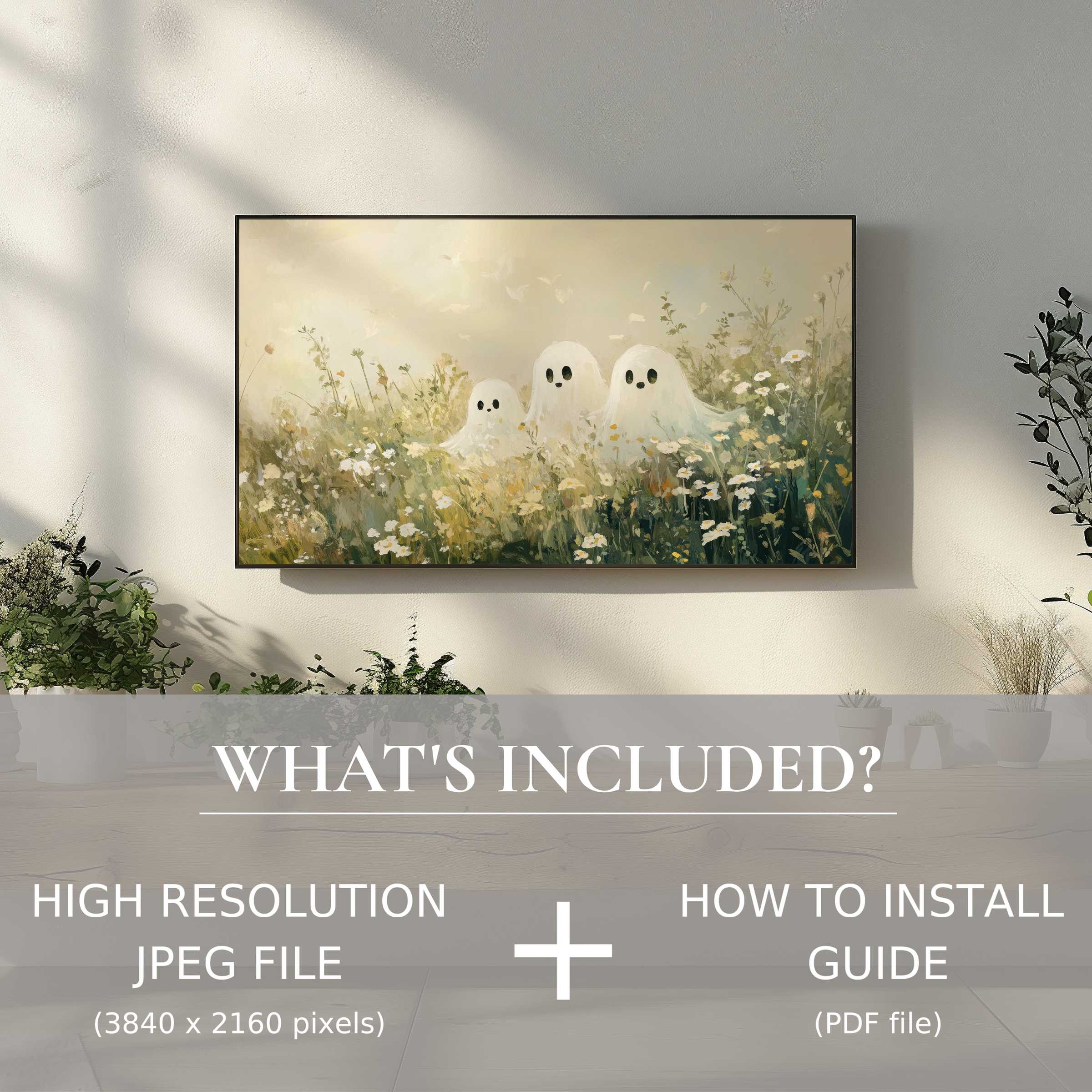 Elegant living room with charming Halloween digital TV art download, easy to use, enhances stylish cozy spaces