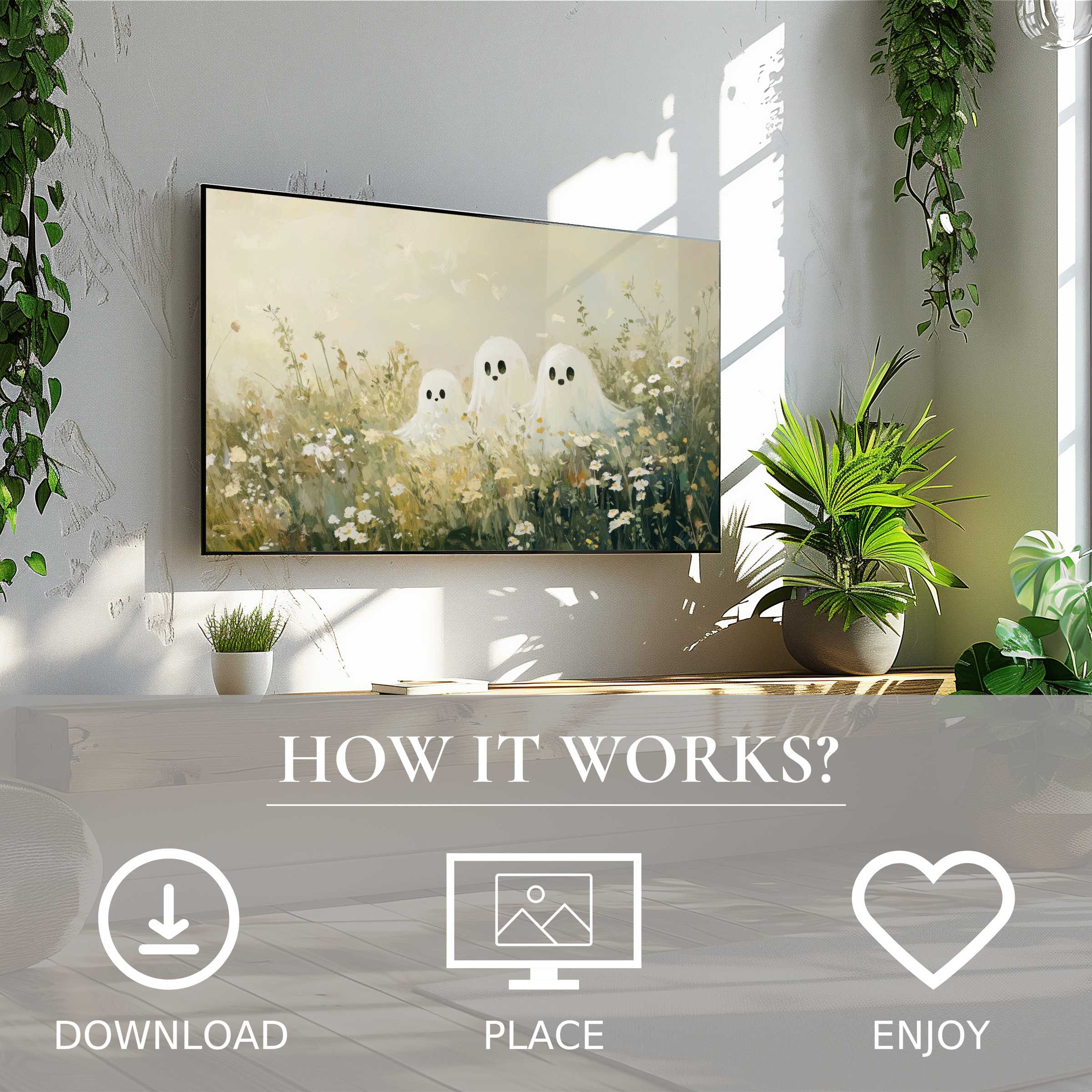 Halloween art for Samsung TV shows soft, whimsical ghost motif in muted floral tones, easily downloaded to enrich modern spaces
