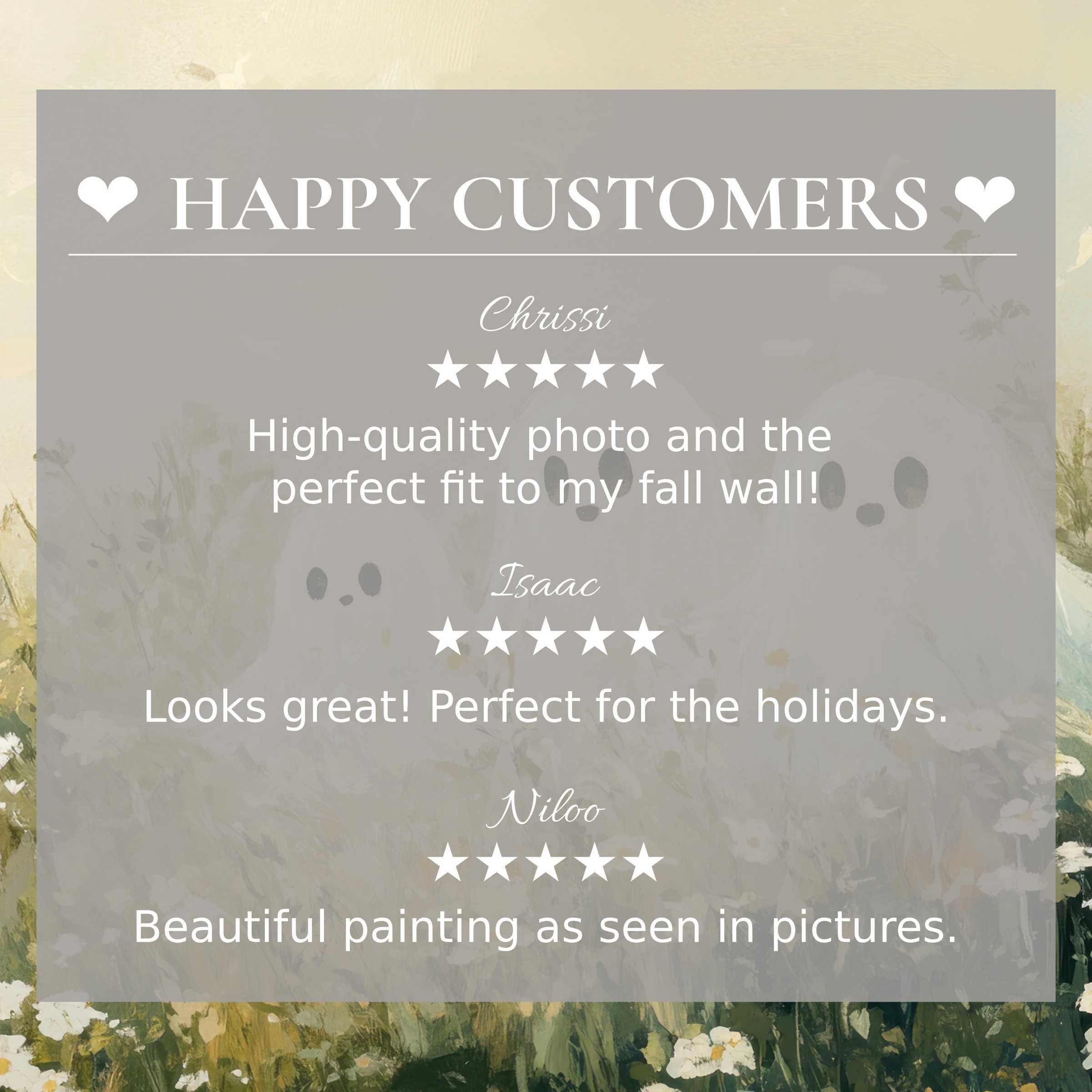 Elegant halloween art for Frame TV with soft ghost illustrations on a floral sunset background and happy customer reviews