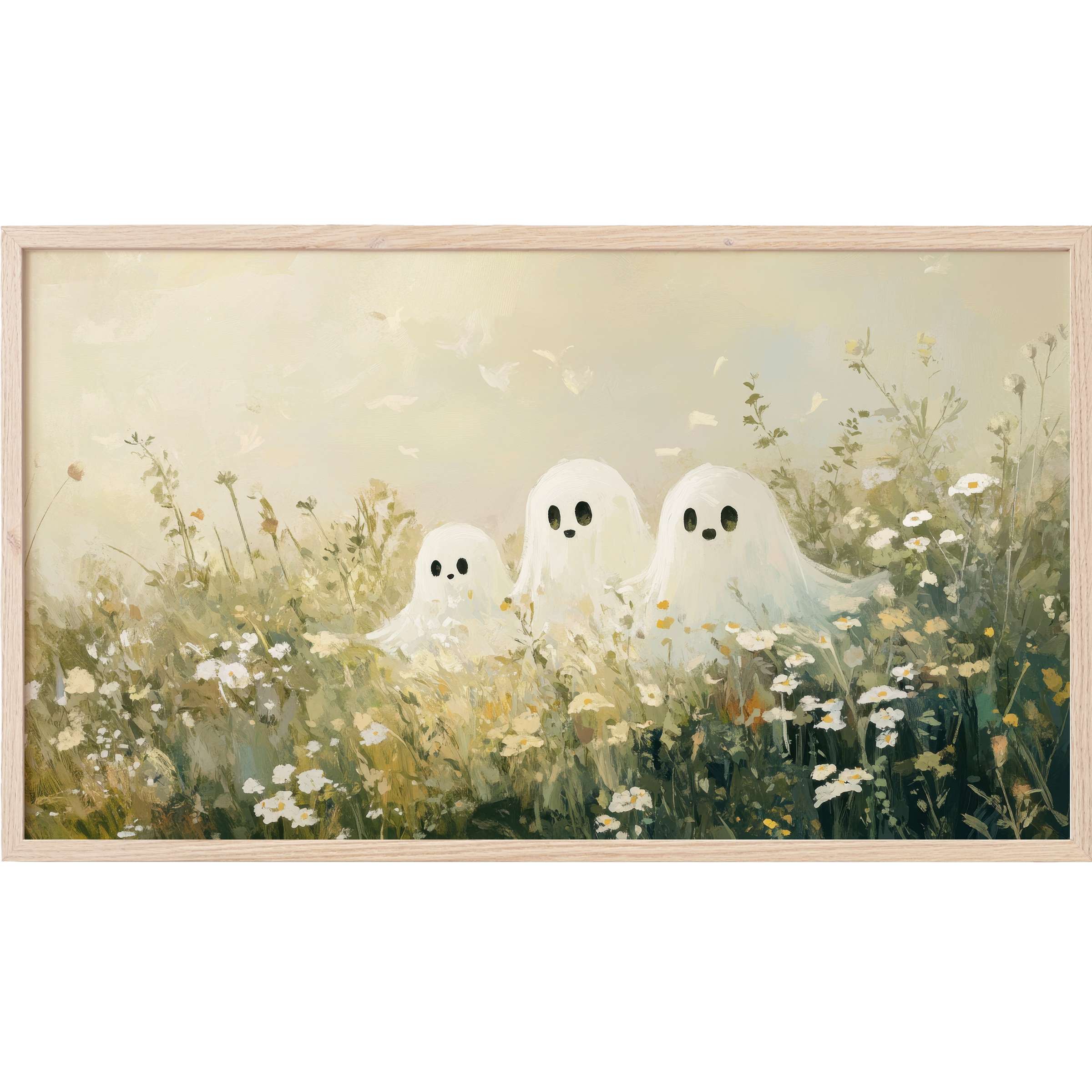Whimsical ghosts in soft white among muted greens and yellows, a serene halloween Frame TV Art piece