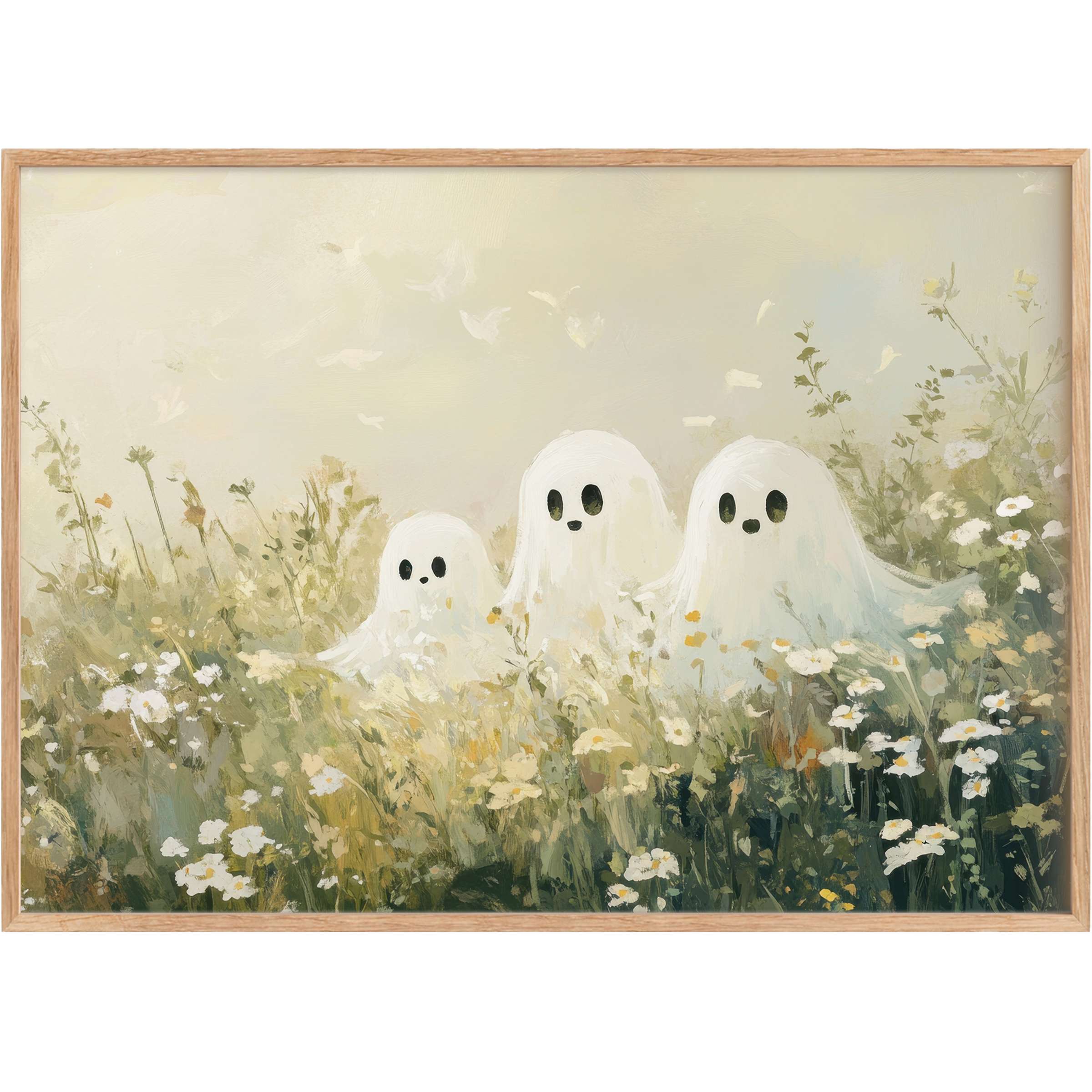 Enchanting Halloween printable wall art with whimsical ghosts amidst soft greens and creamy whites, evoking a serene, dreamy vibe