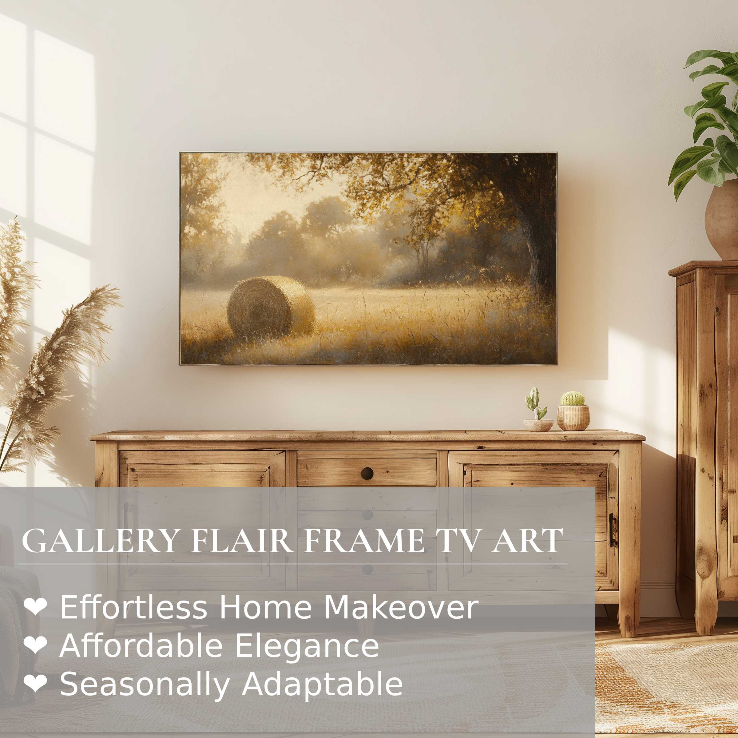 Samsung Frame TV displays warm, serene fall digital artwork in a modern, natural wood living space setting
