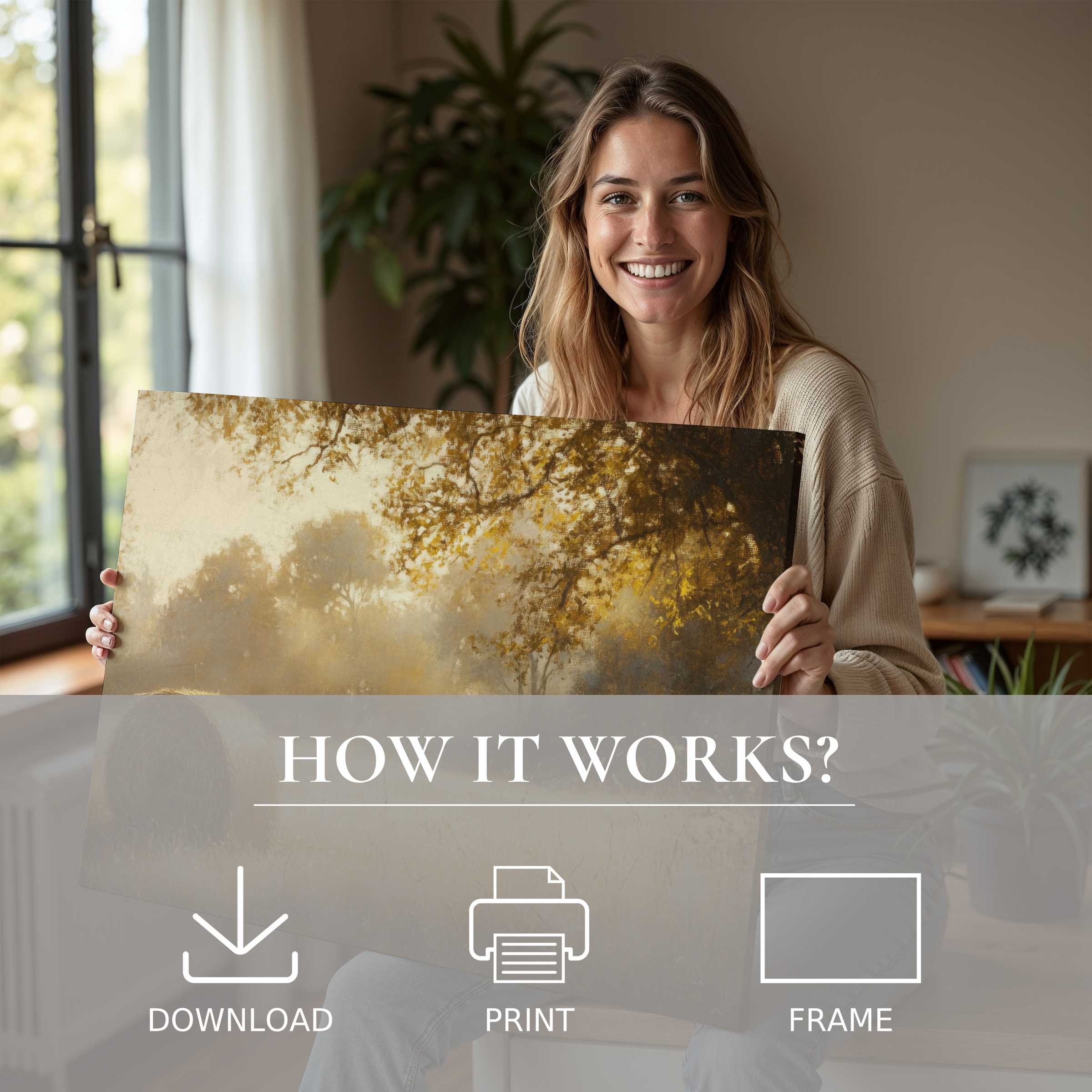 A serene moment of joy as fall digital art print brings warm golden hues to a modern, elegant living space