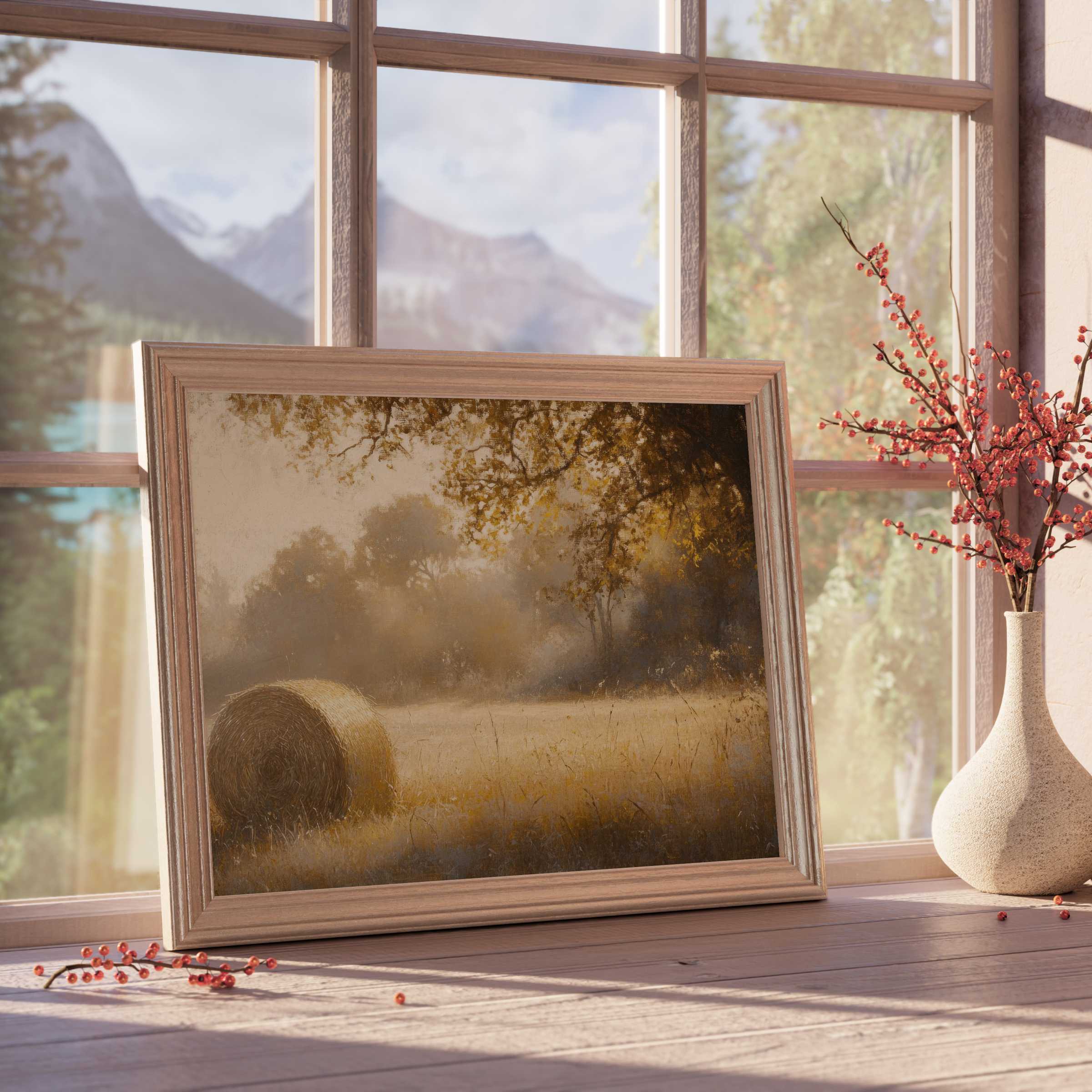 Fall downloadable art capturing serene golden fields and hay bales, perfect for curated, tranquil modern interiors