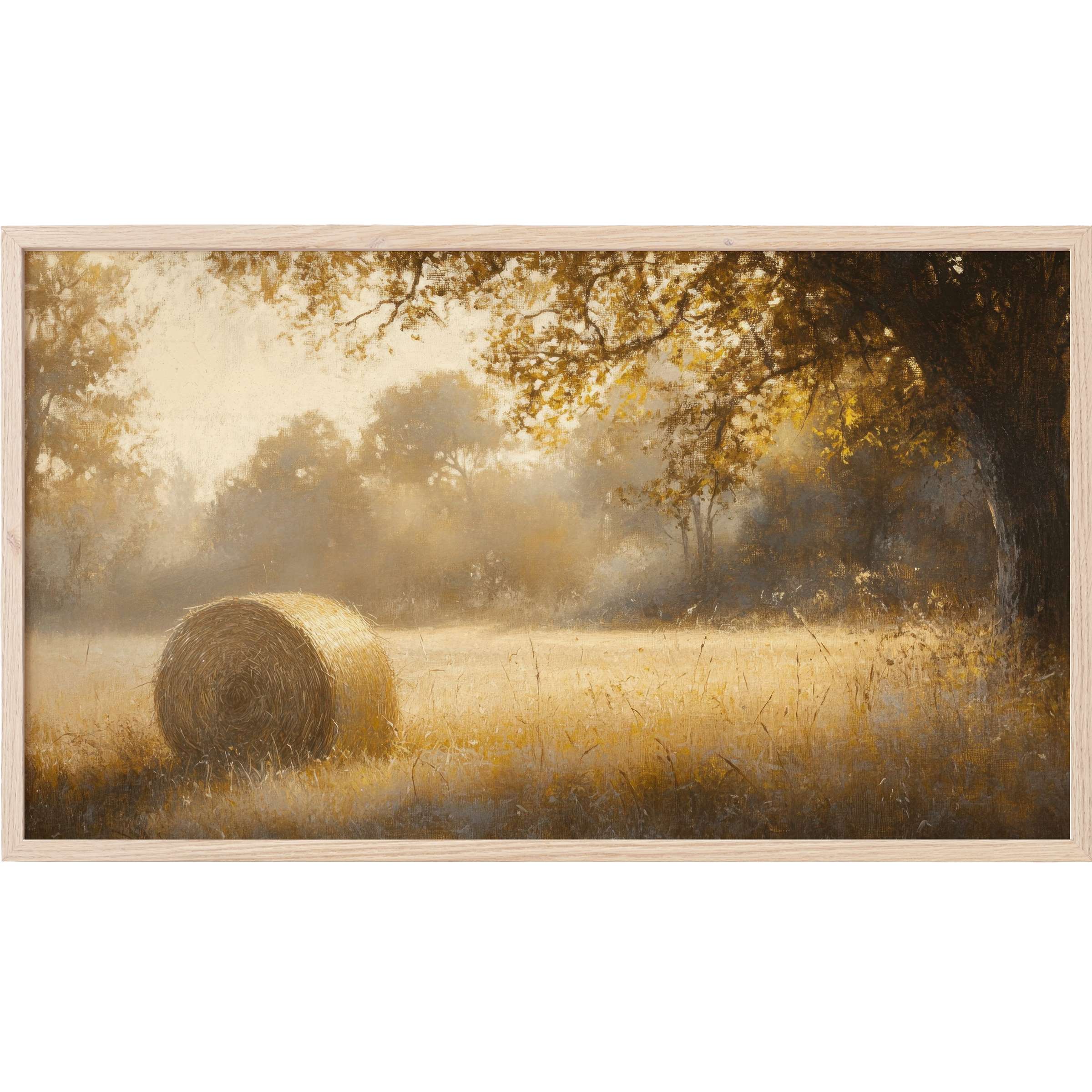 Fall Frame TV Art featuring a sunlit hay bale in soft golds and browns, evoking serene autumnal warmth