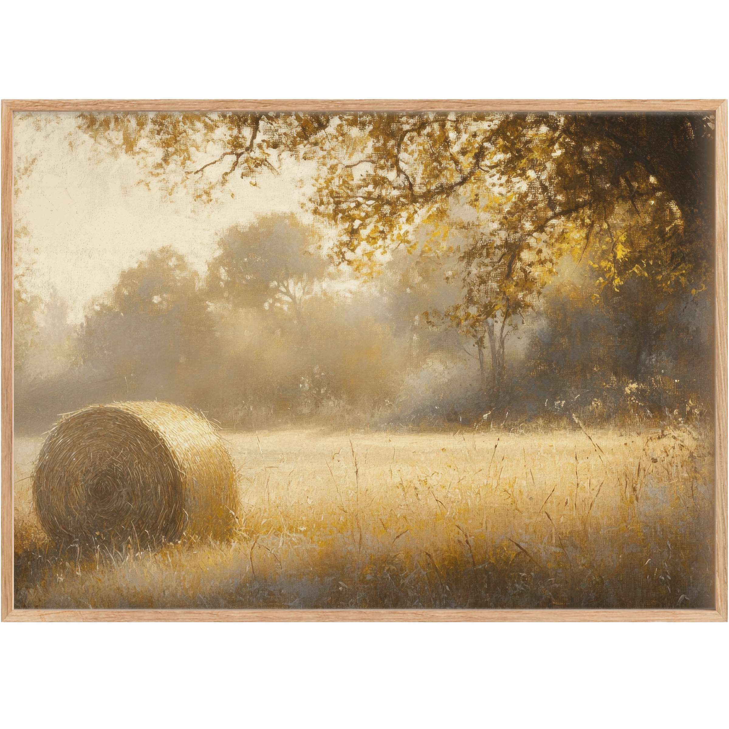 Serene fall printable wall art capturing golden hay and misty trees, infusing spaces with warm, tranquil autumnal elegance