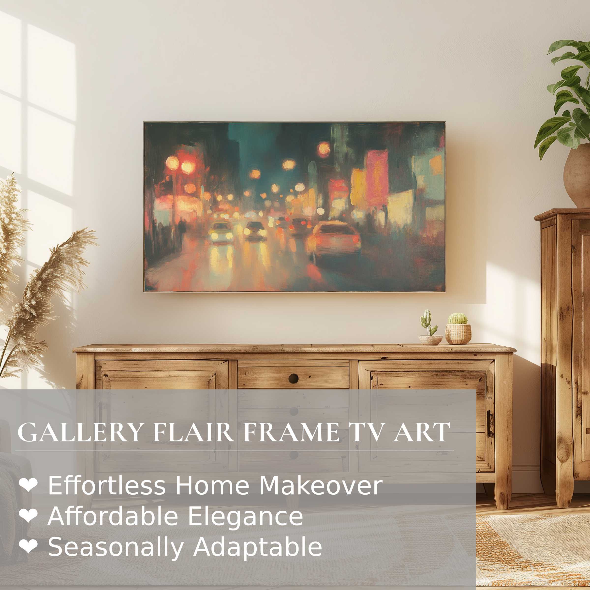 Samsung Frame TV displays refined urban digital artwork, blending soft city lights with modern home elegance