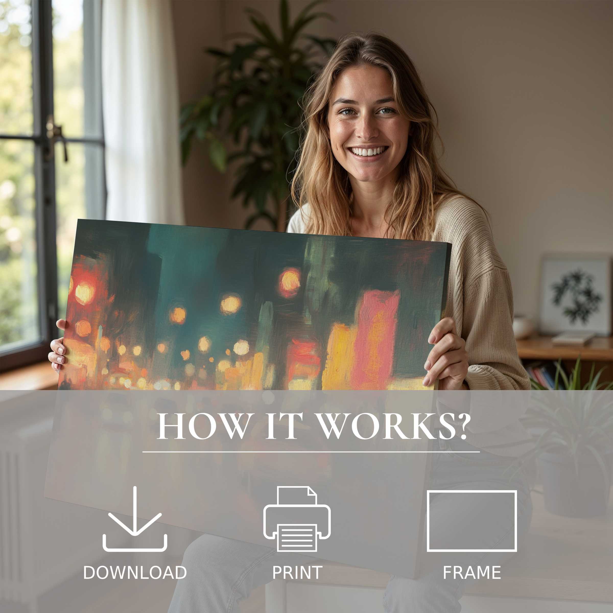 Radiant urban digital art print illuminates a serene home moment, blending effortless elegance with joyful creative connection