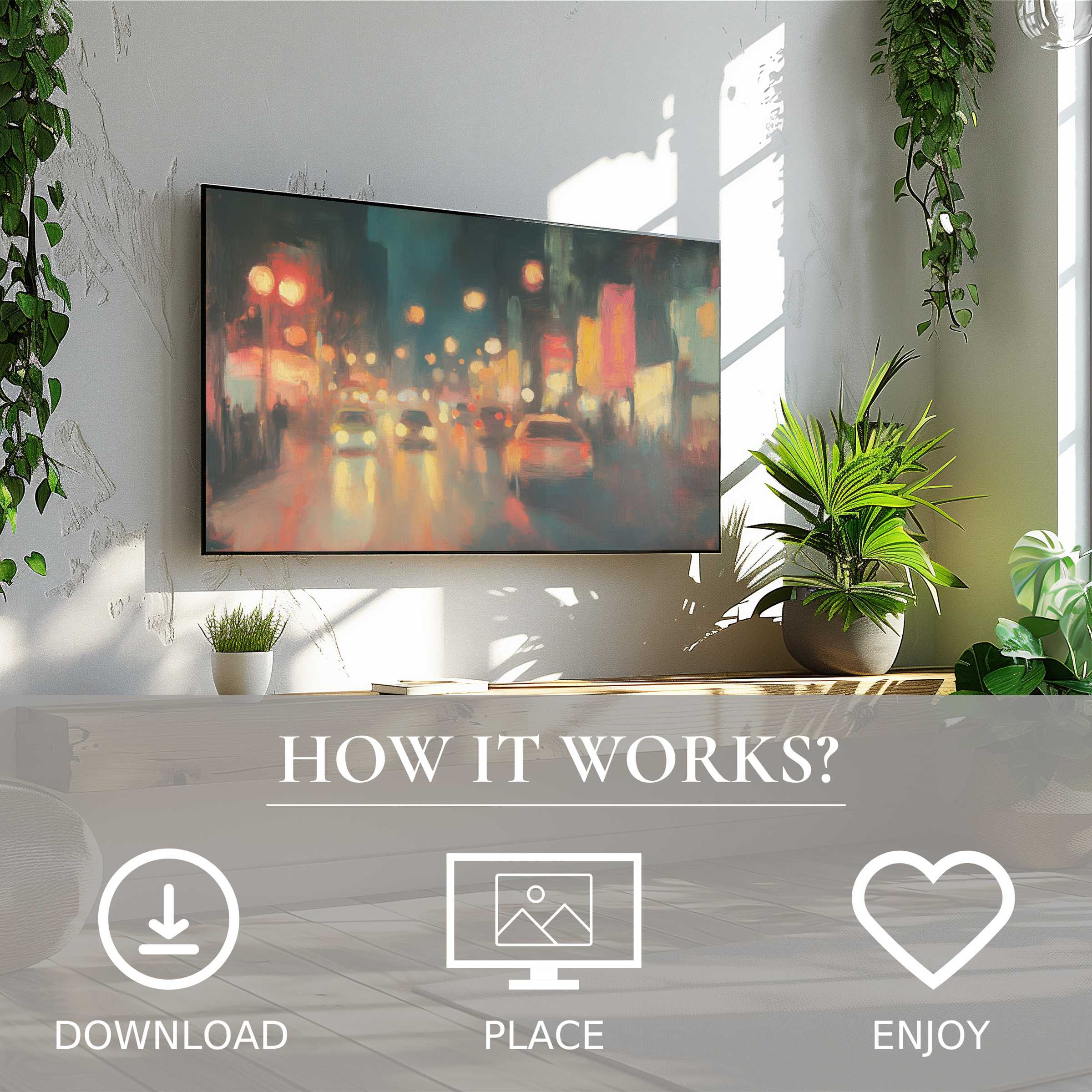 Urban art for Samsung TV with easy digital download Soft city lights motif enriches modern, plant-filled living space
