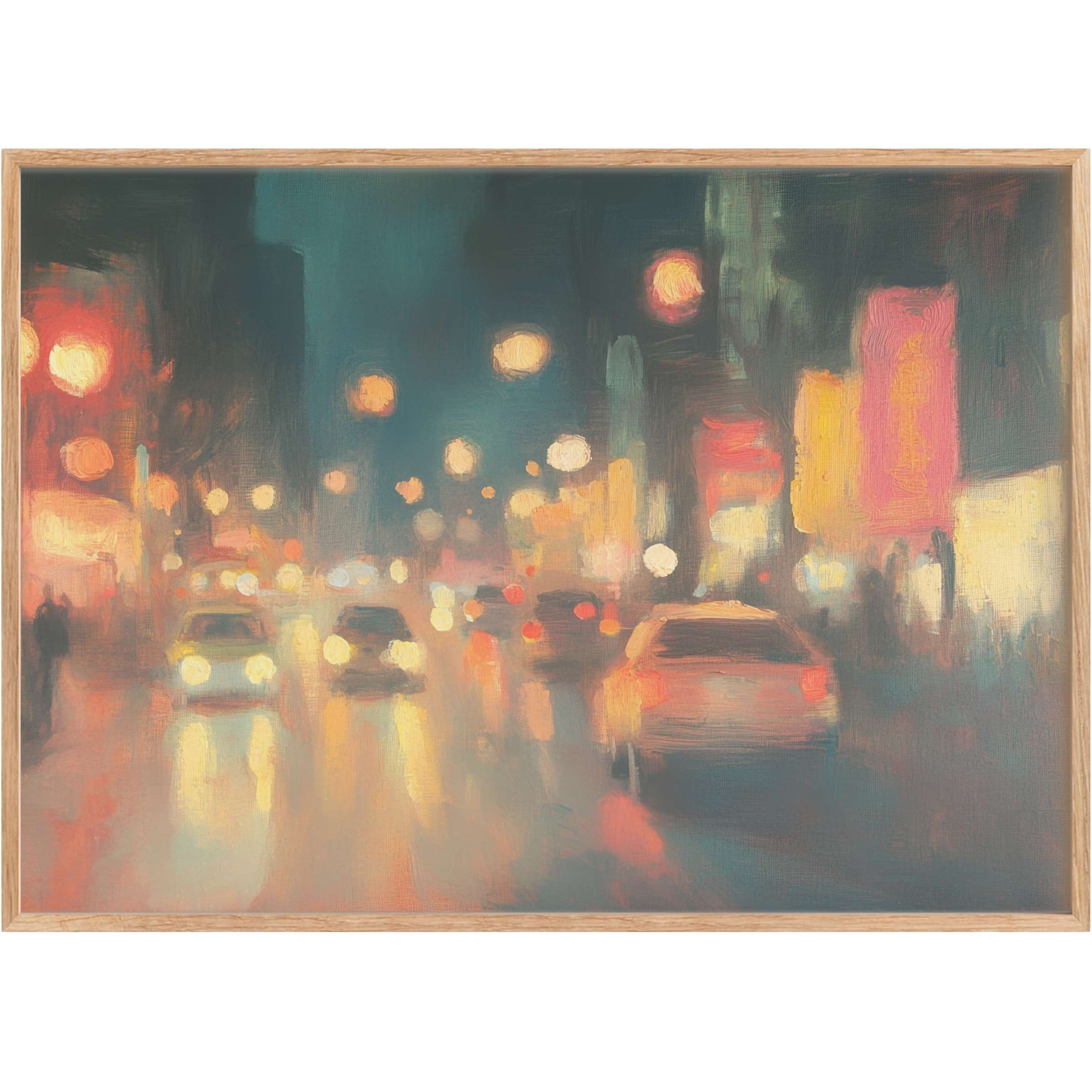 Urban printable wall art capturing a radiant city nightscape with warm amber and coral hues, evoking vibrant, dynamic energy