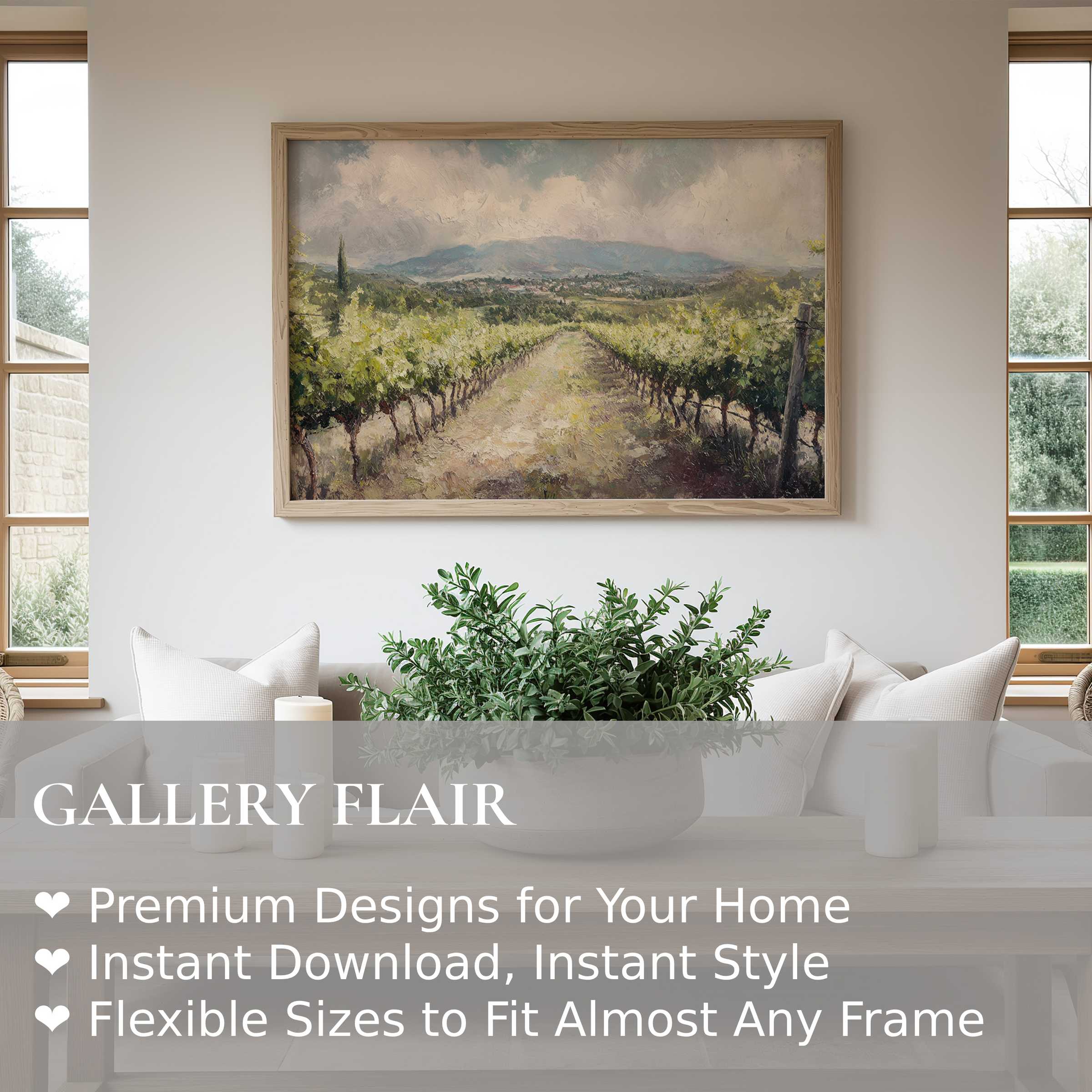Botanical wall art print capturing a serene vineyard landscape with soft, earthy tones in a modern minimalist living room, enhancing calm elegance