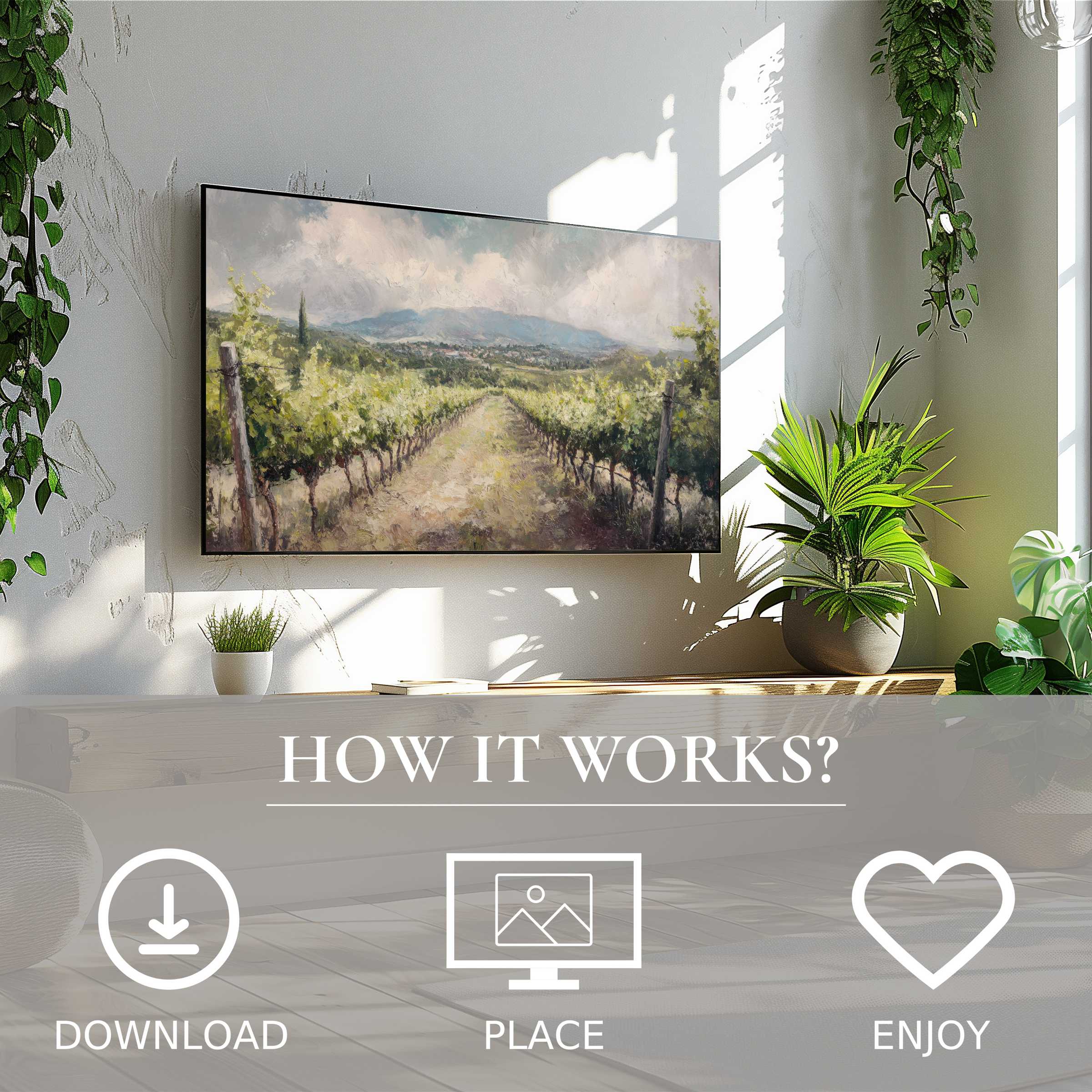 Botanical art for Samsung TV shows soft vineyard hues, easy digital download, enriching sleek, modern living spaces
