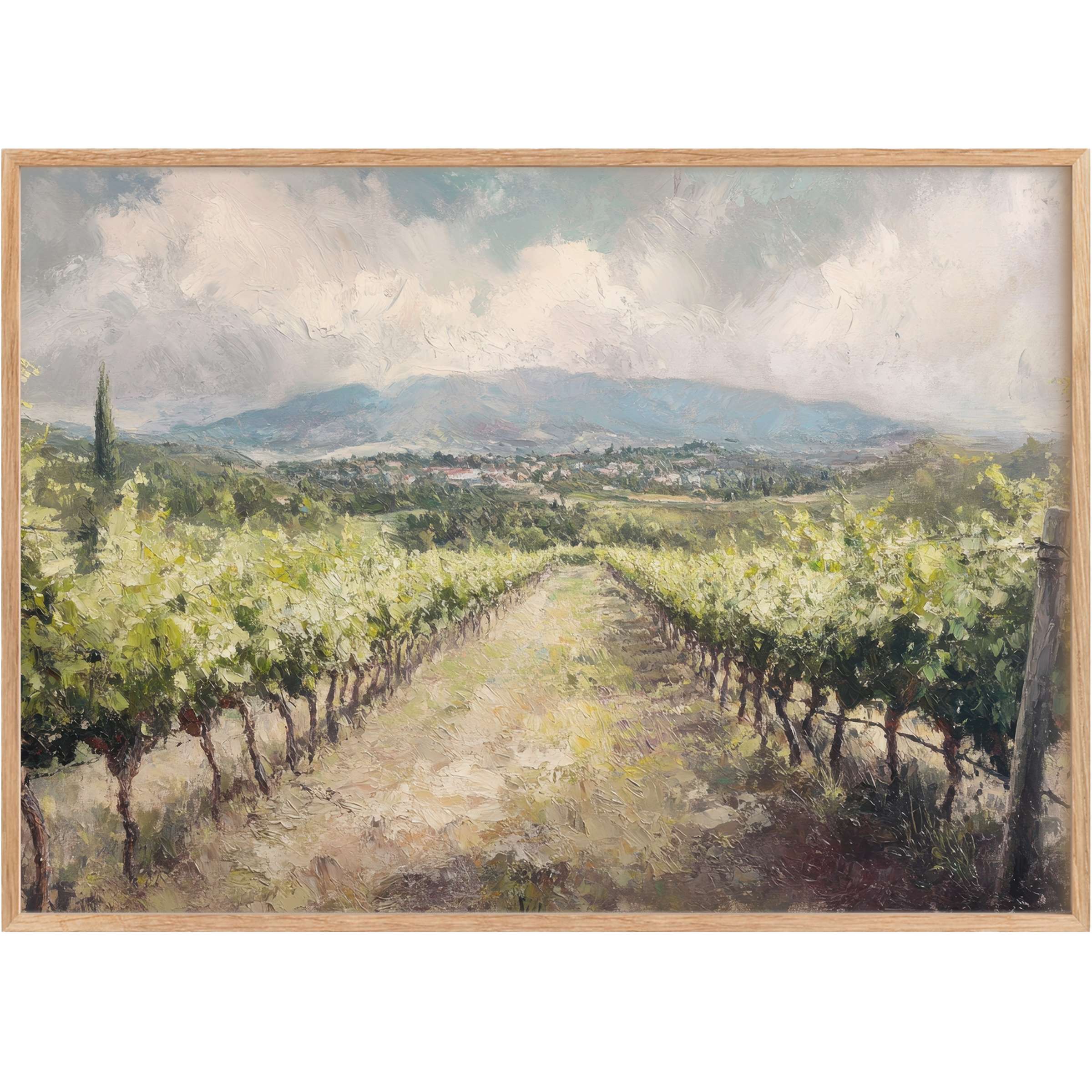 Botanical printable wall art capturing a serene vineyard landscape in soft greens and blues, creating a tranquil, sunlit ambiance